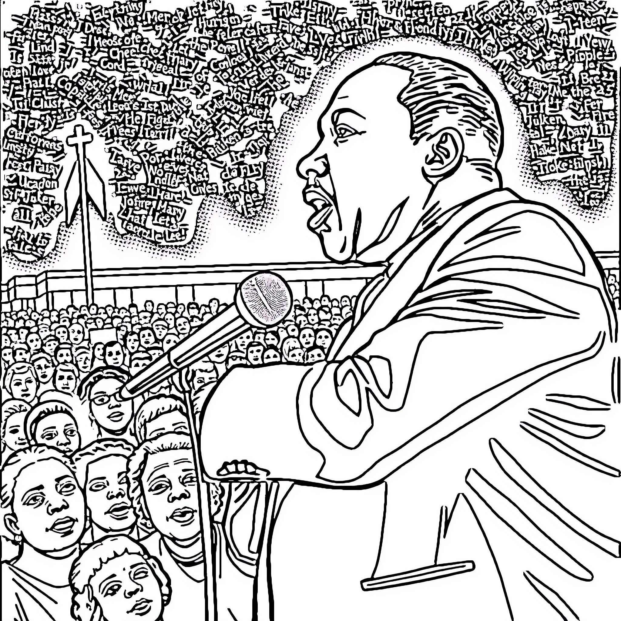 Martin Luther King Jr. Delivering Powerful Speech to Captivated Crowd Coloring Page (free black-and-white line drawing printable PDF for all, from beginners to advanced learners, including children, teens, adults, and seniors)