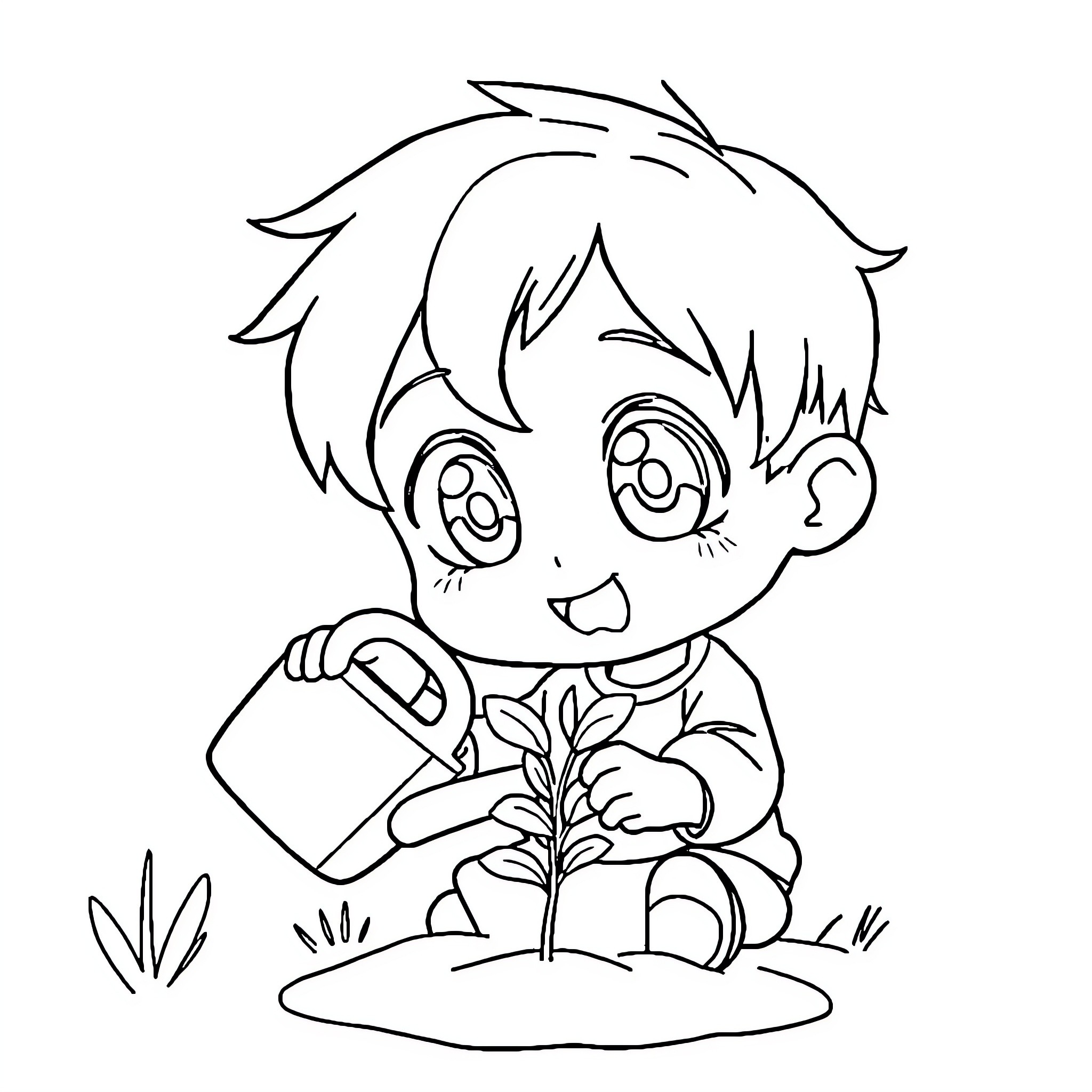 Anime Boy Watering a Plant Happily Coloring Page (free black-and-white line drawing printable PDF for all, from beginners to advanced learners, including children, teens, adults, and seniors)