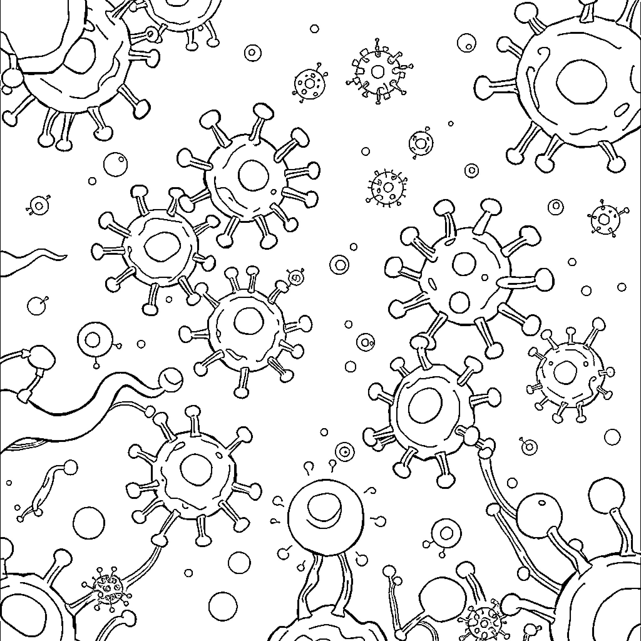 Chemotaxis - Microscopic Organisms Navigating a Complex Environment Coloring Page (free black-and-white line drawing printable PDF for all, from beginners to advanced learners, including children, teens, adults, and seniors)
