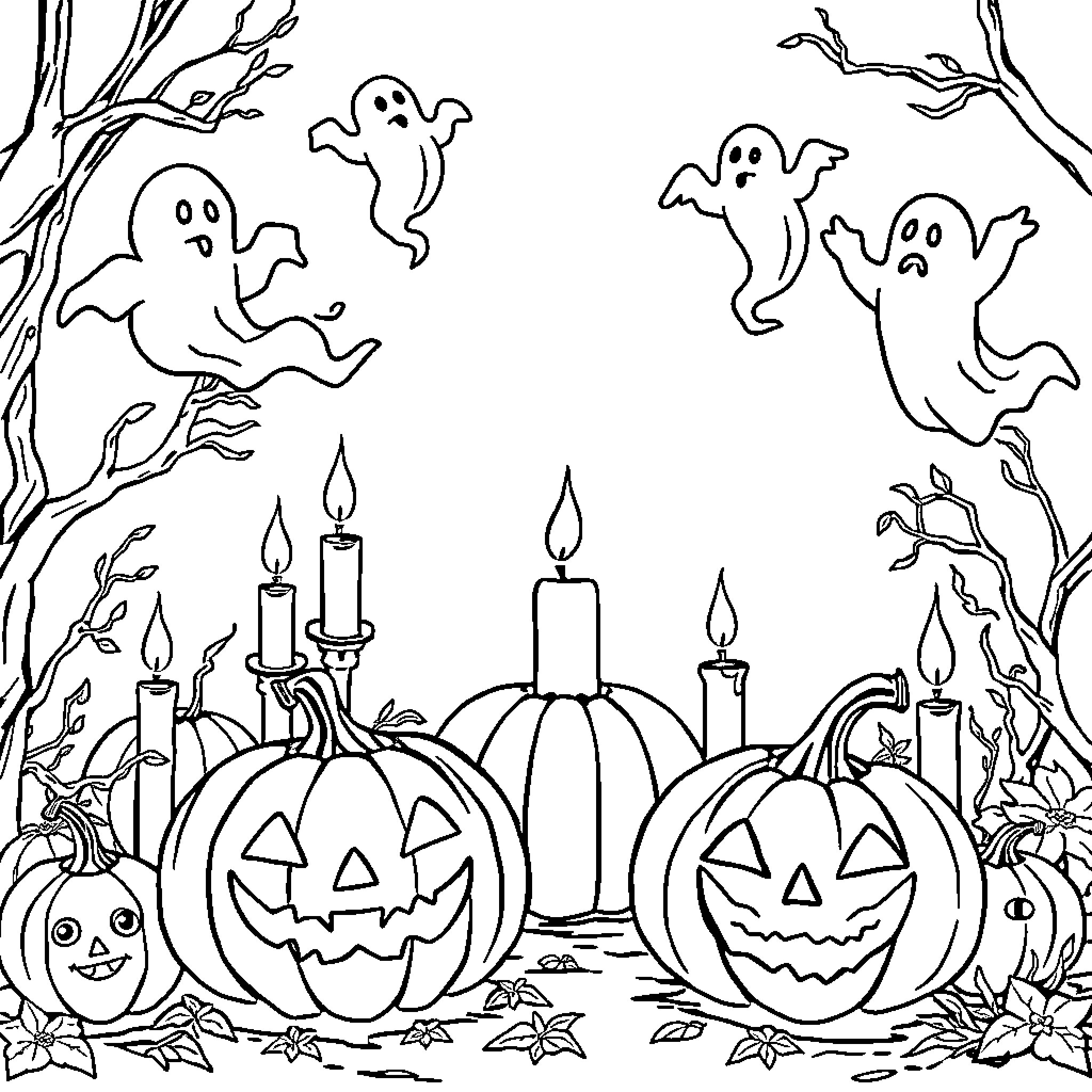 Halloween celebration with playful ghosts and jack-o'-lanterns Coloring Page (free black-and-white line drawing printable PDF for all, from beginners to advanced learners, including children, teens, adults, and seniors)