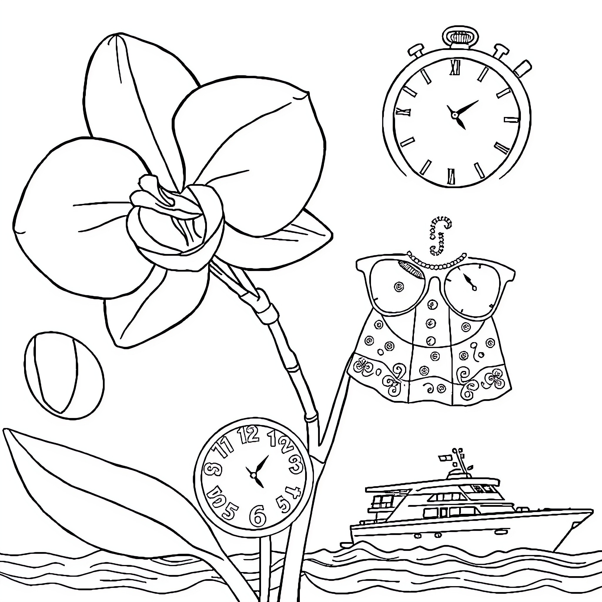 Orchid Timepiece and Yacht Scene Coloring Page (free black-and-white line drawing printable PDF for all, from beginners to advanced learners, including children, teens, adults, and seniors)