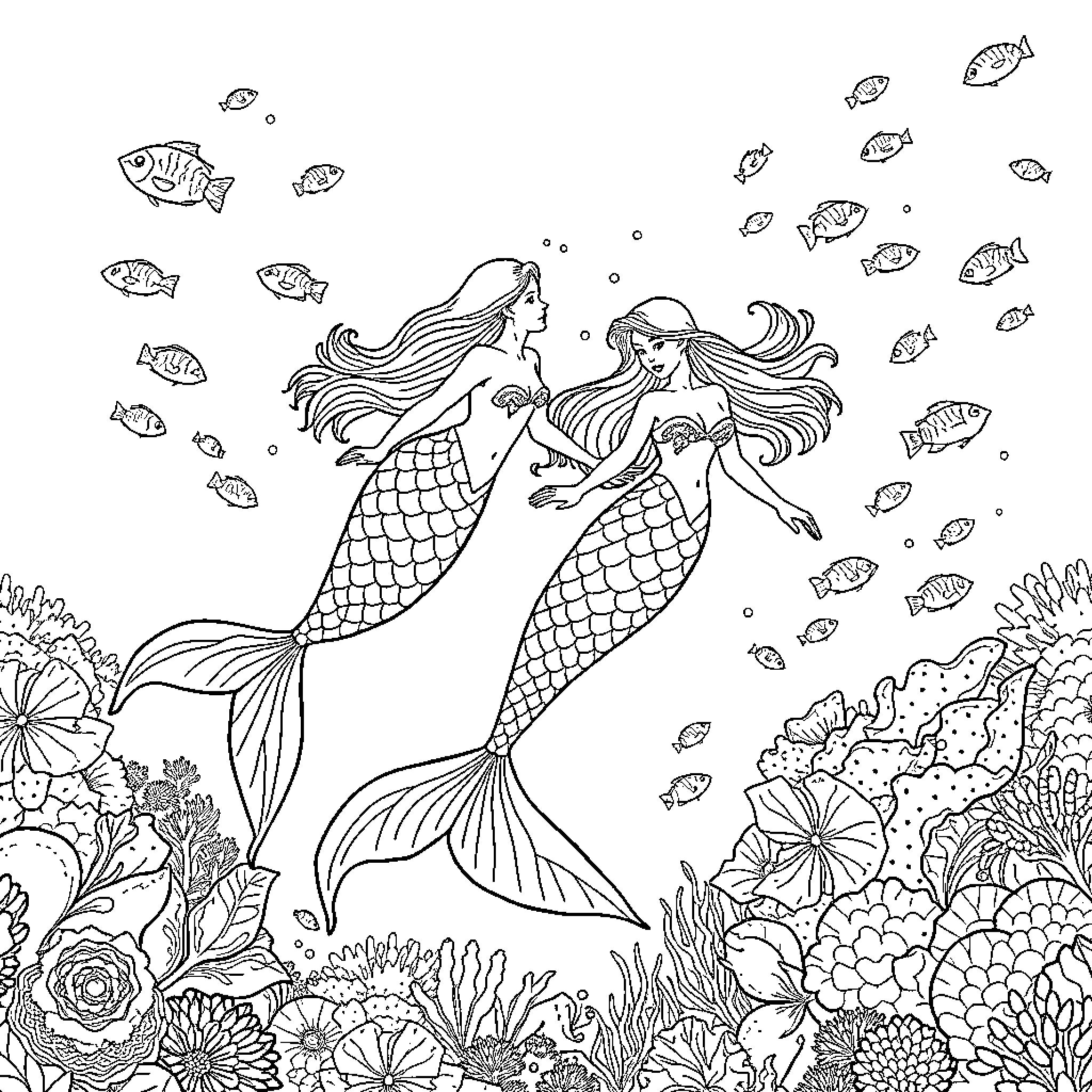 Mermaid sisters swimming gracefully underwater Coloring Page (free black-and-white line drawing printable PDF for all, from beginners to advanced learners, including children, teens, adults, and seniors)