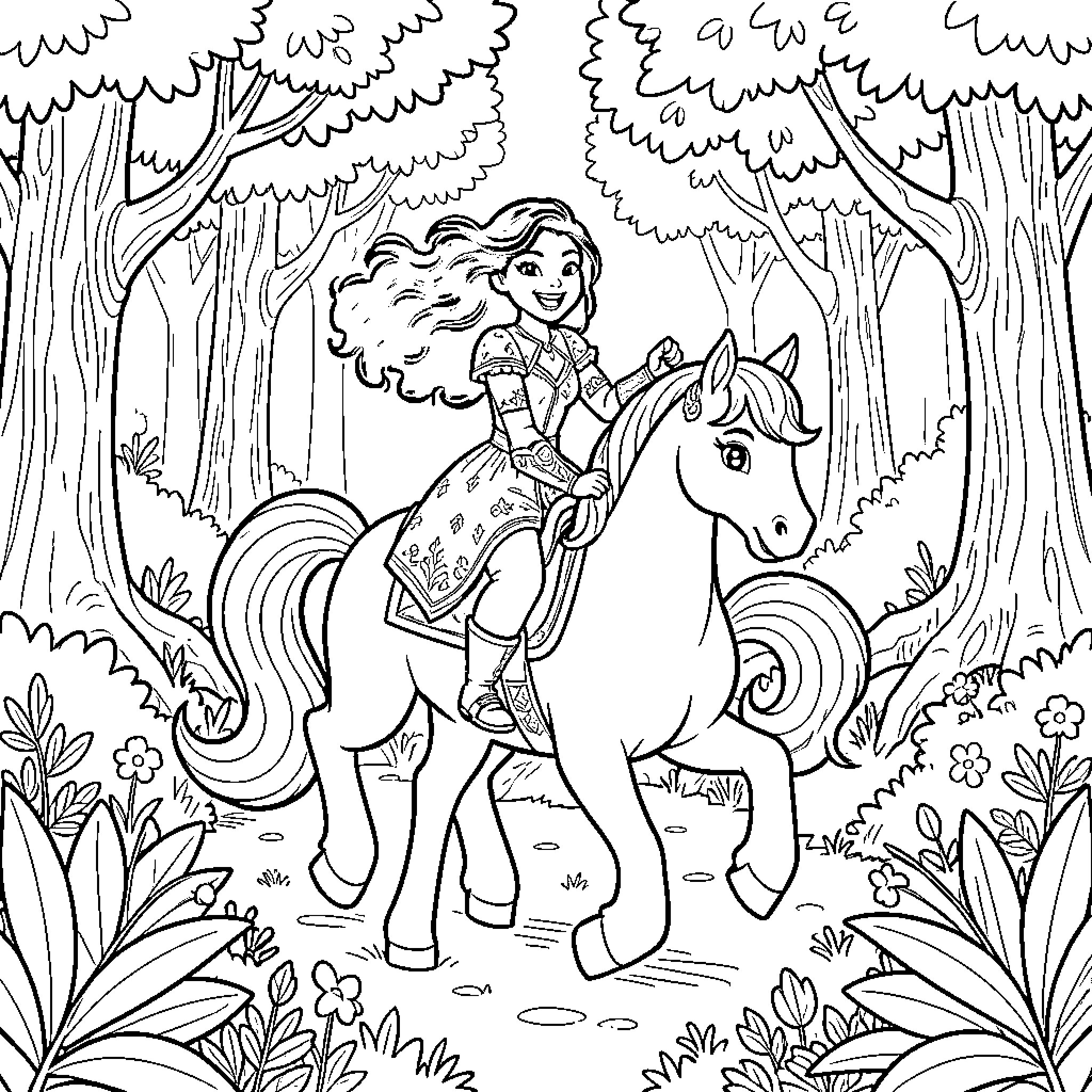 Merida riding on her horse through the enchanted forest Coloring Page (free black-and-white line drawing printable PDF for all, from beginners to advanced learners, including children, teens, adults, and seniors)