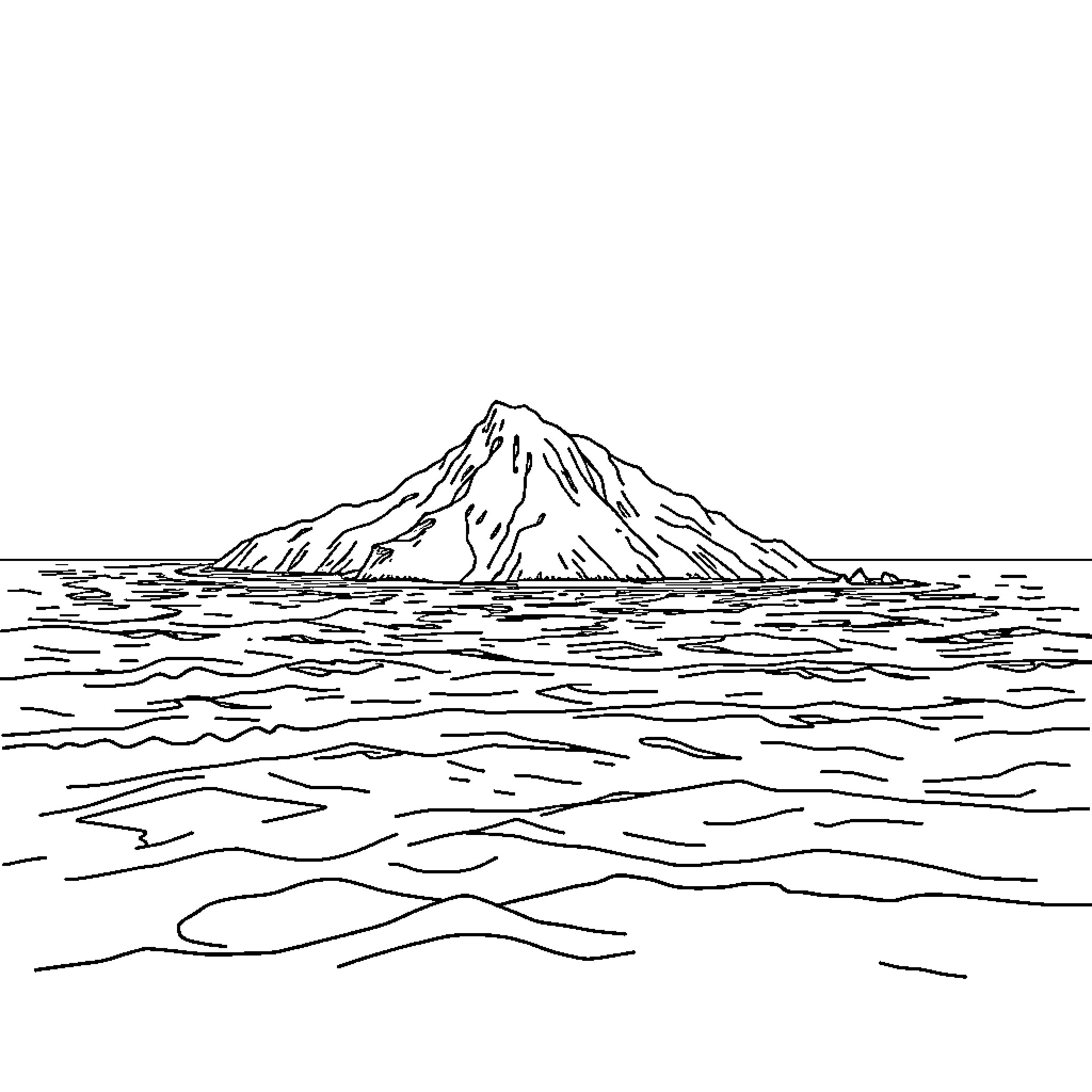 Island Rising from Tranquil Waters Coloring Page (free black-and-white line drawing printable PDF for all, from beginners to advanced learners, including children, teens, adults, and seniors)