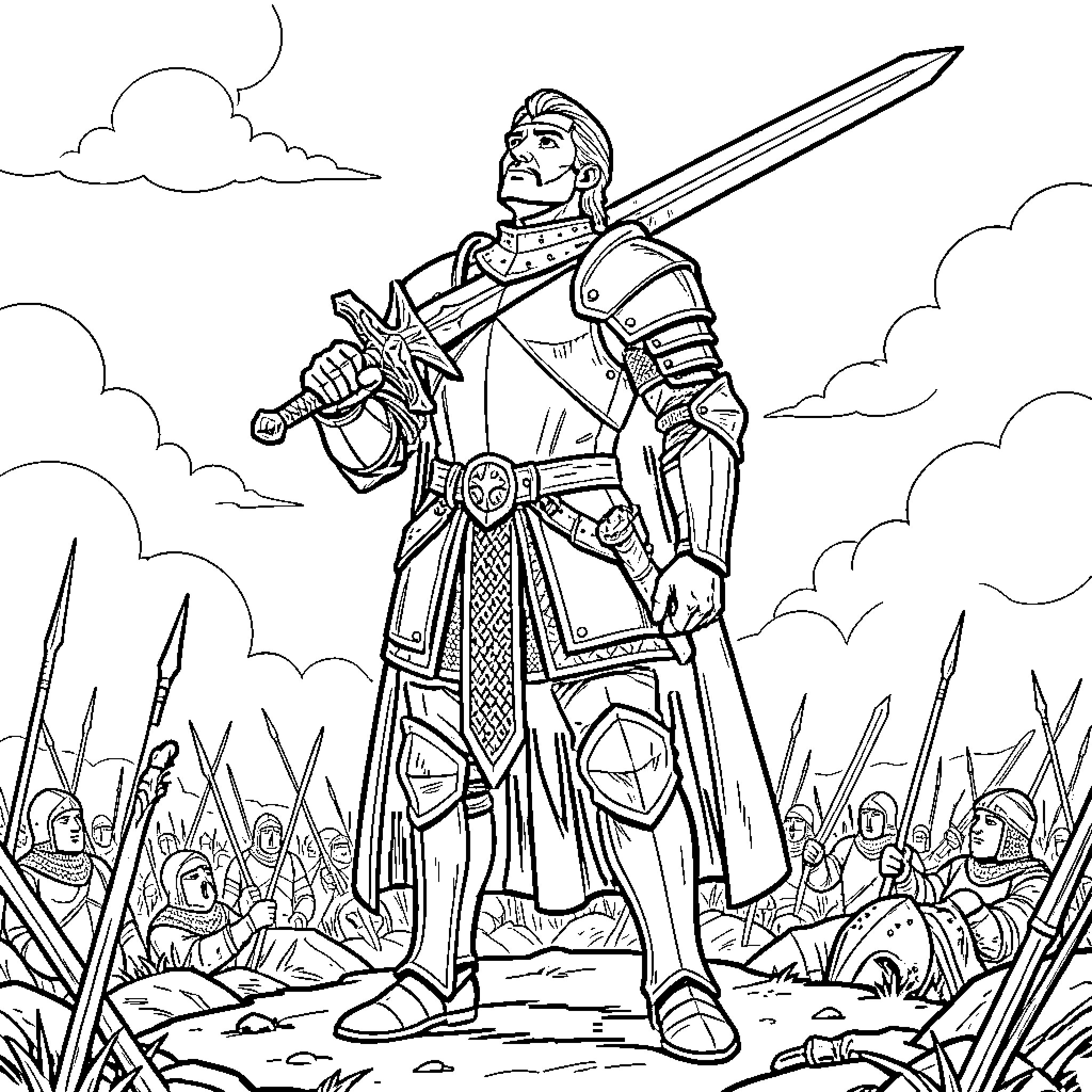 Knight standing heroically with a large sword Coloring Page (free black-and-white line drawing printable PDF for all, from beginners to advanced learners, including children, teens, adults, and seniors)