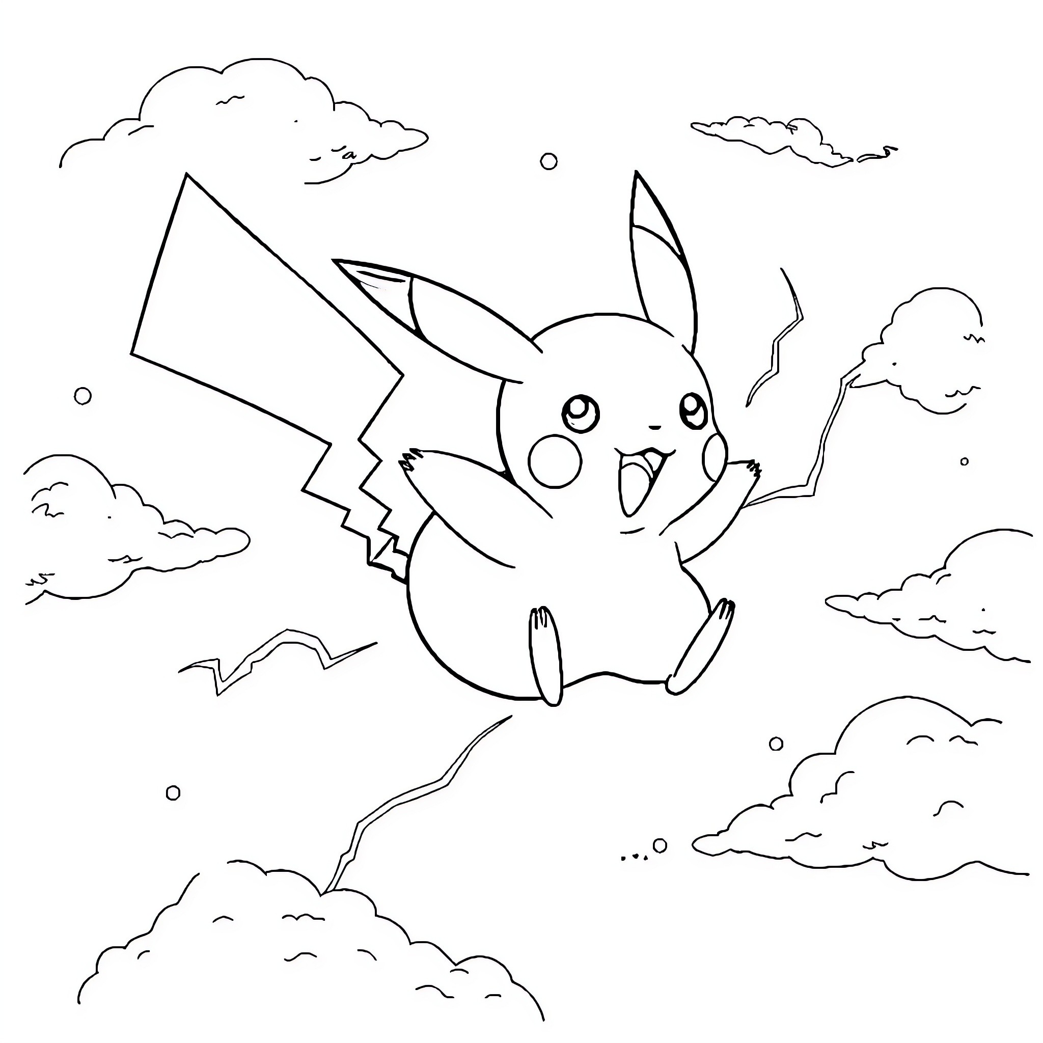 Pikachu playing energetically in the clouds Coloring Page (free black-and-white line drawing printable PDF for all, from beginners to advanced learners, including children, teens, adults, and seniors)