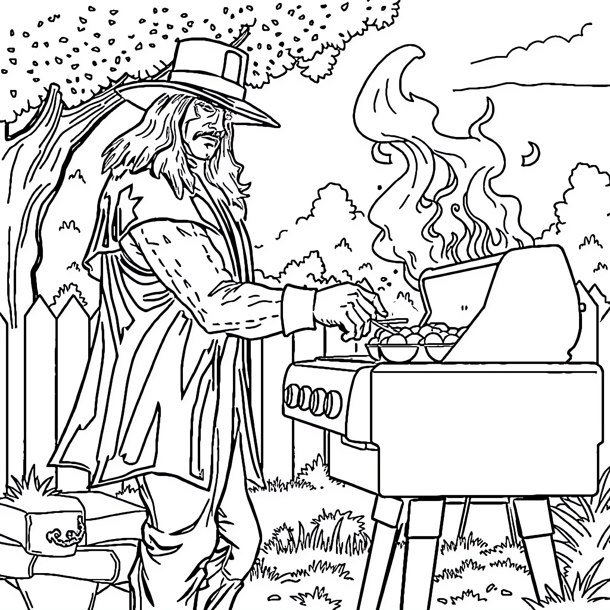 Wrestler performing magical ritual in the wilderness Coloring Page (free black-and-white line drawing printable PDF for all, from beginners to advanced learners, including children, teens, adults, and seniors)