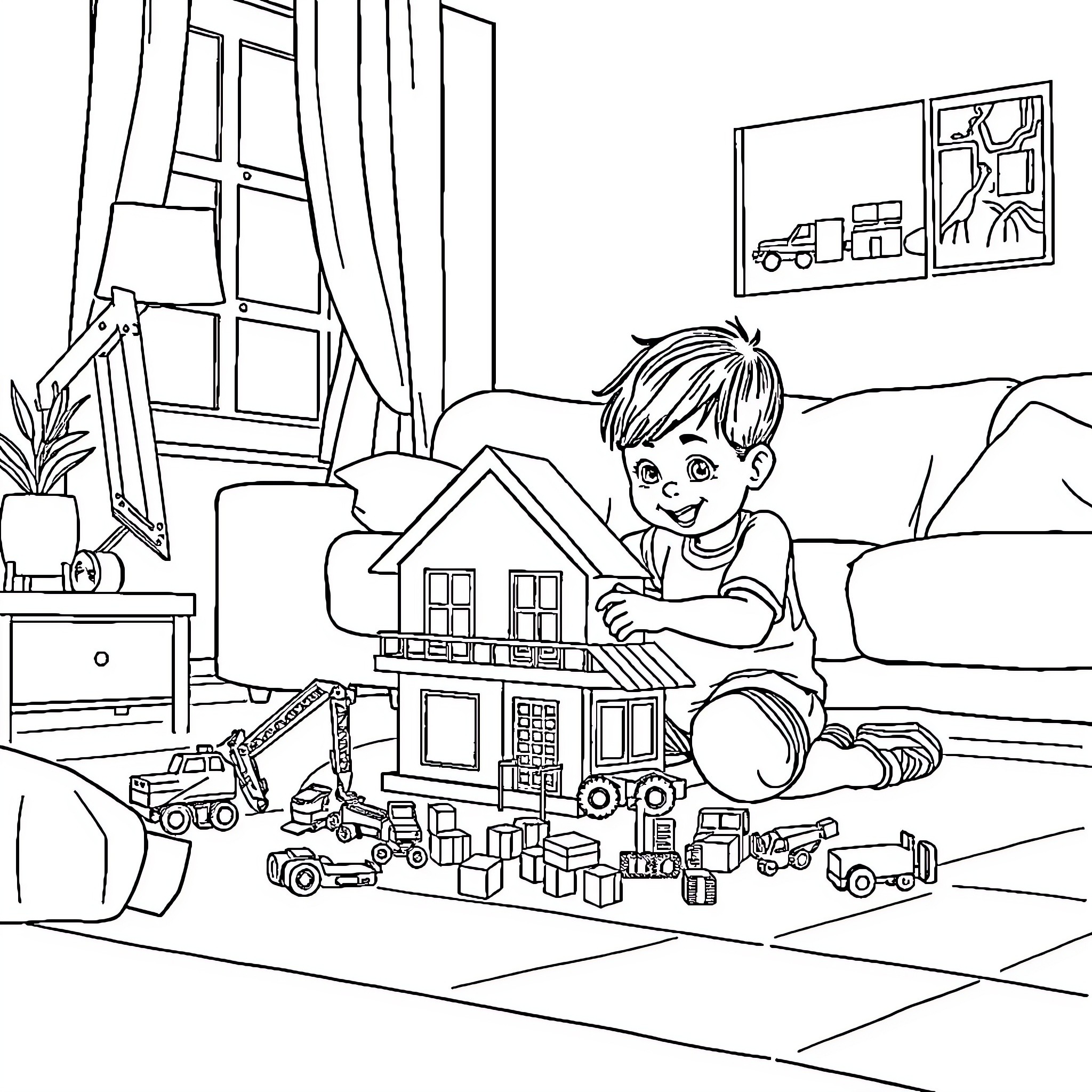Child Playing Happily with Toy Vehicles in Room Coloring Page (free black-and-white line drawing printable PDF for all, from beginners to advanced learners, including children, teens, adults, and seniors)