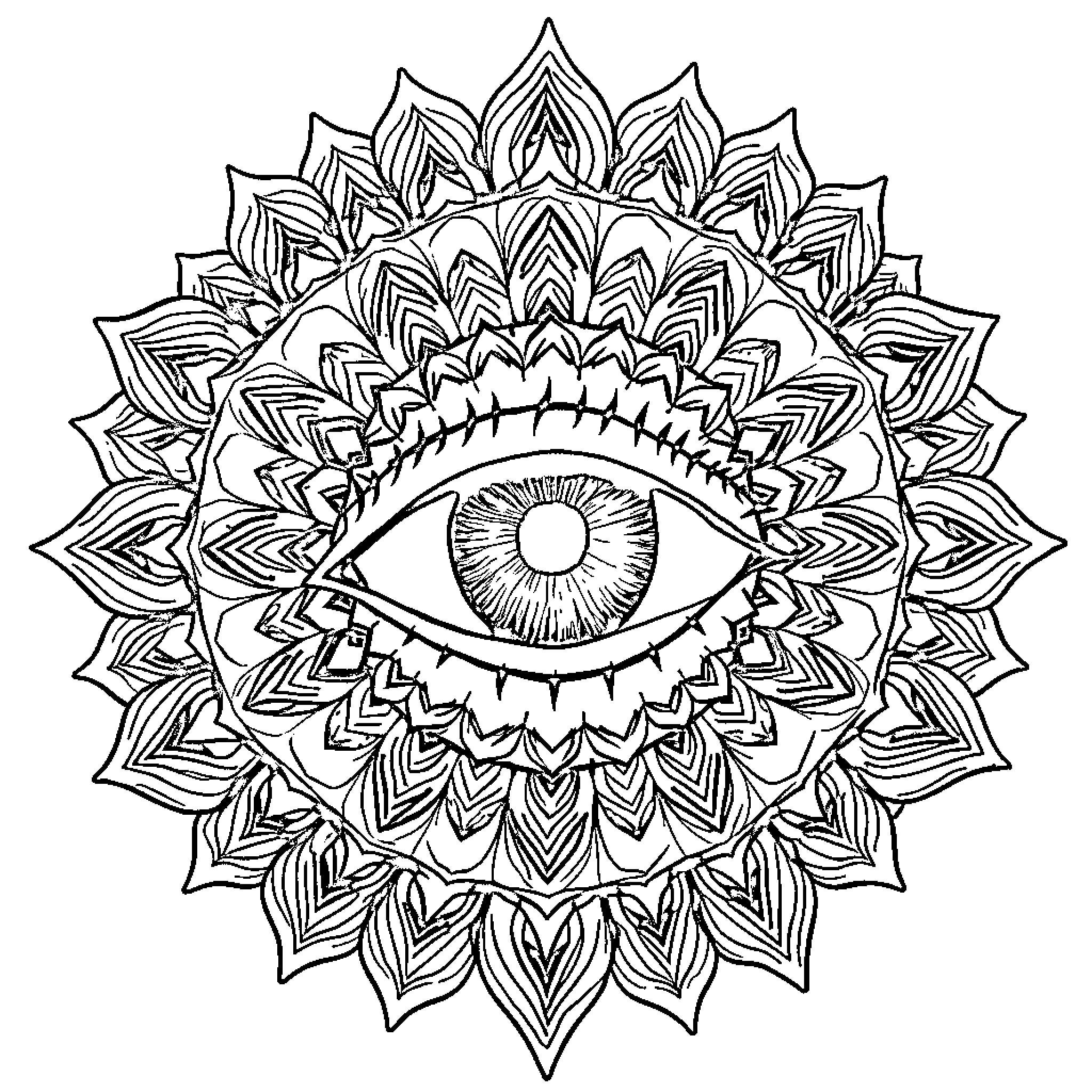 Eye of Ornate Mandala Pattern Coloring Page (free black-and-white line drawing printable PDF for all, from beginners to advanced learners, including children, teens, adults, and seniors)