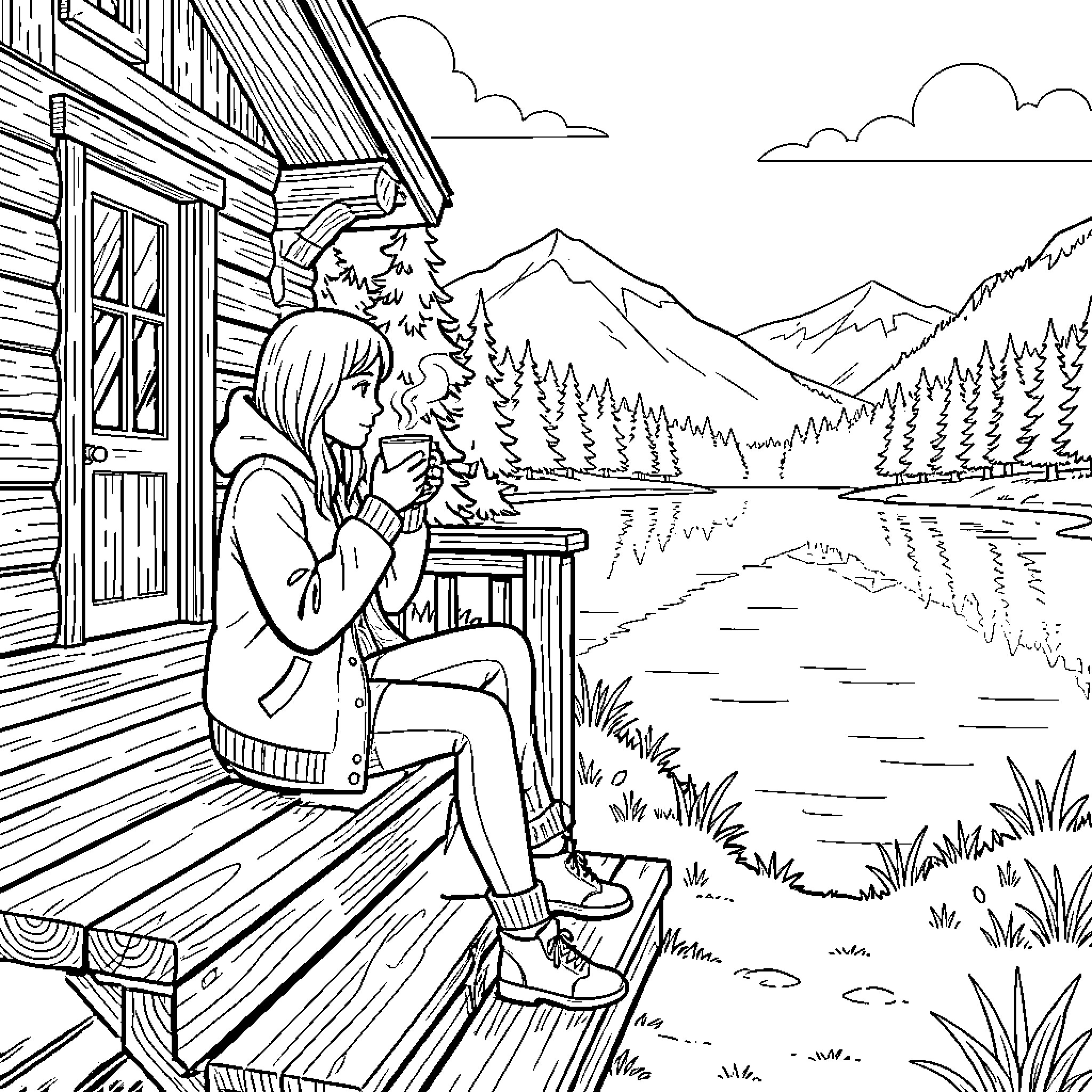 Fille sitting on cabin porch drinking warm beverage Coloring Page (free black-and-white line drawing printable PDF for all, from beginners to advanced learners, including children, teens, adults, and seniors)