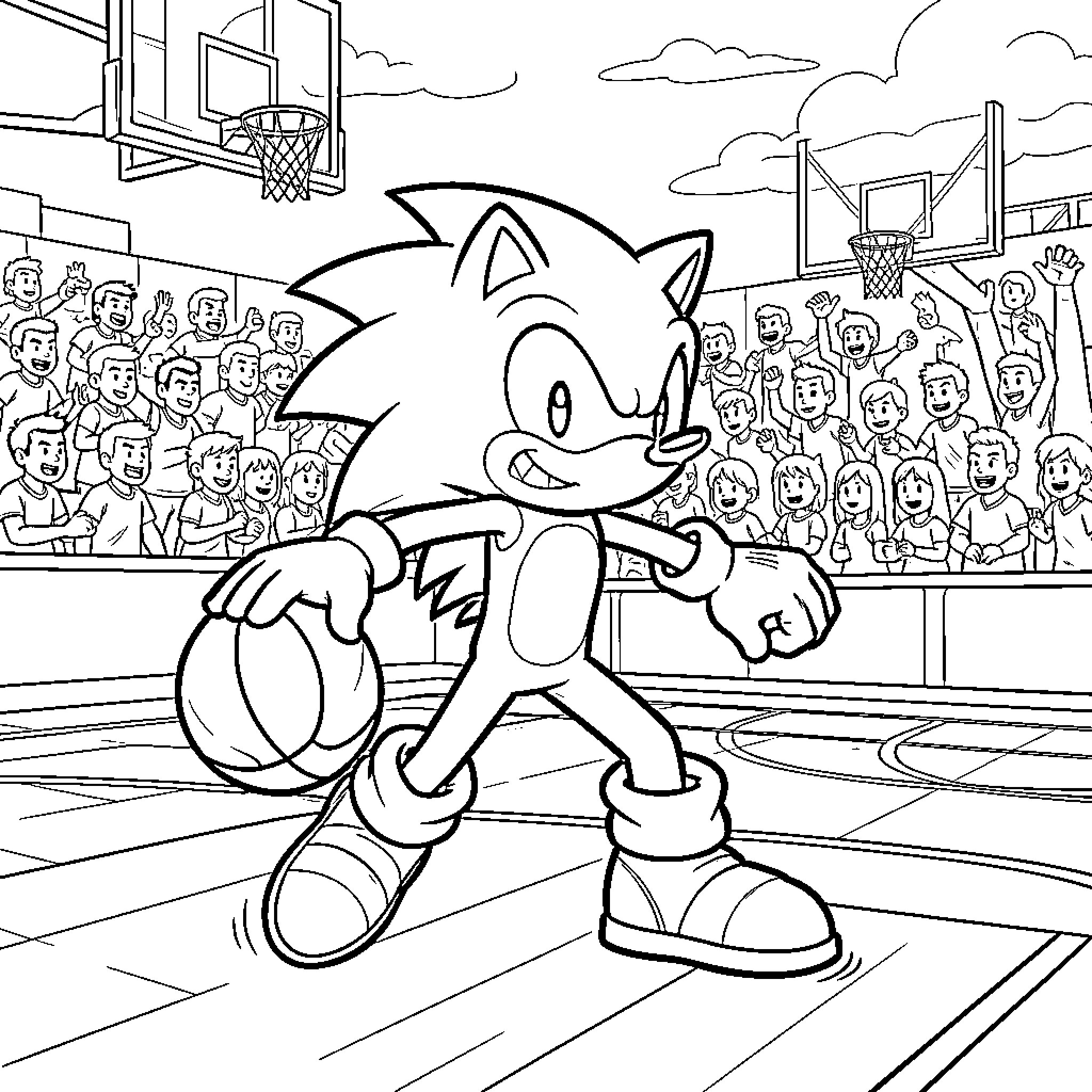 Sonic dribbling a basketball on a court before a crowd Coloring Page (free black-and-white line drawing printable PDF for all, from beginners to advanced learners, including children, teens, adults, and seniors)