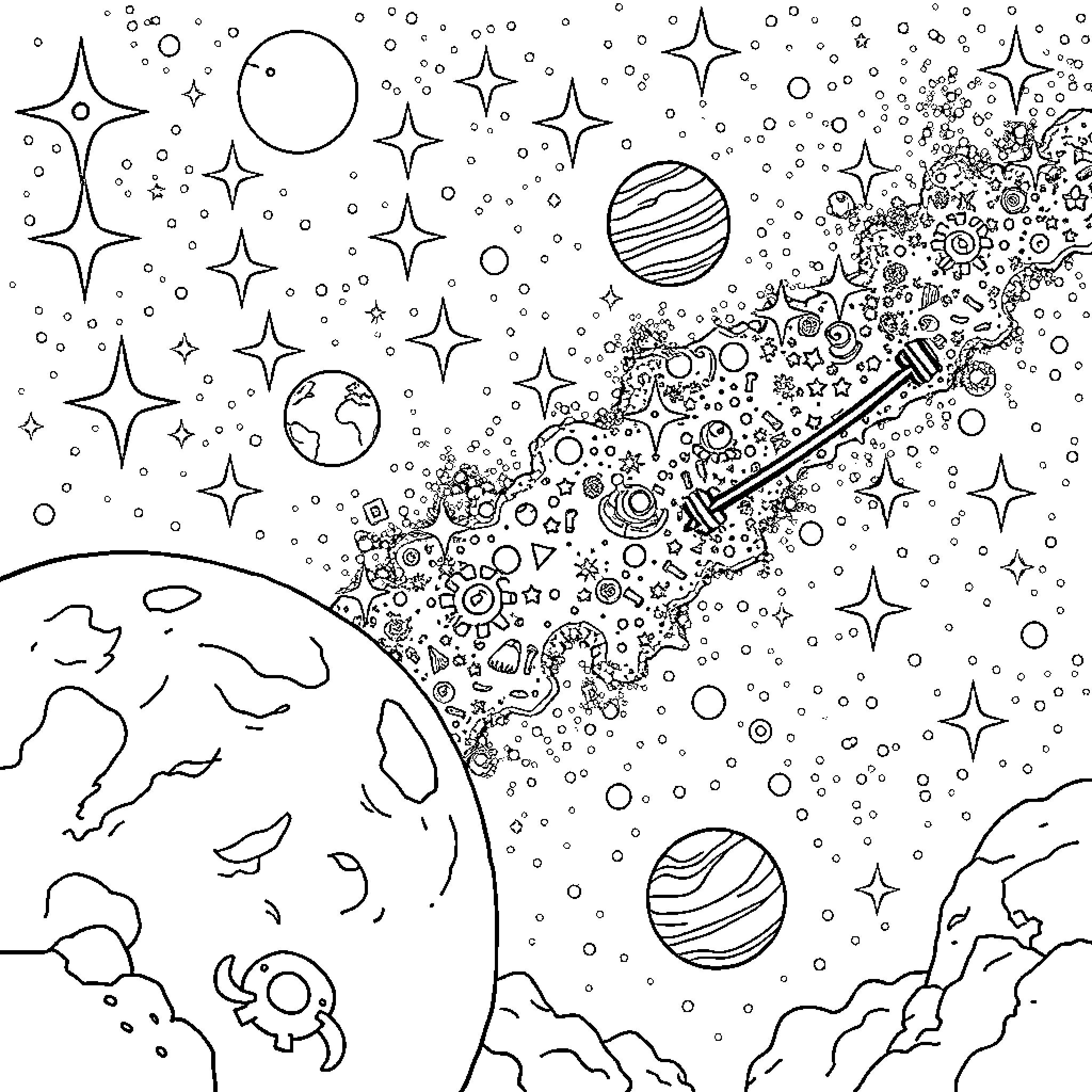 Space Exploration and Celestial Wonders Coloring Page (free black-and-white line drawing printable PDF for all, from beginners to advanced learners, including children, teens, adults, and seniors)