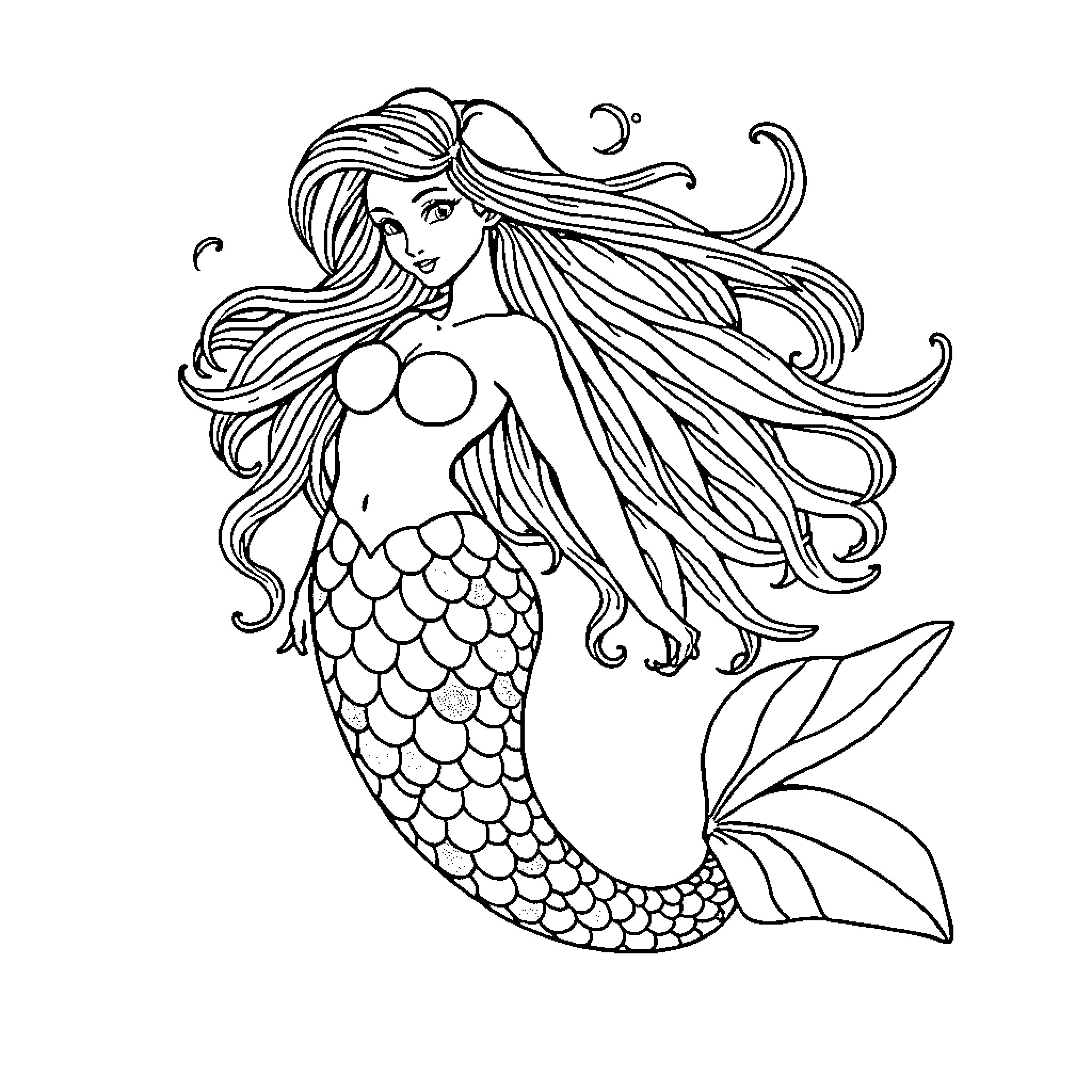 Mermaid with flowing hair in the ocean Coloring Page (free black-and-white line drawing printable PDF for all, from beginners to advanced learners, including children, teens, adults, and seniors)