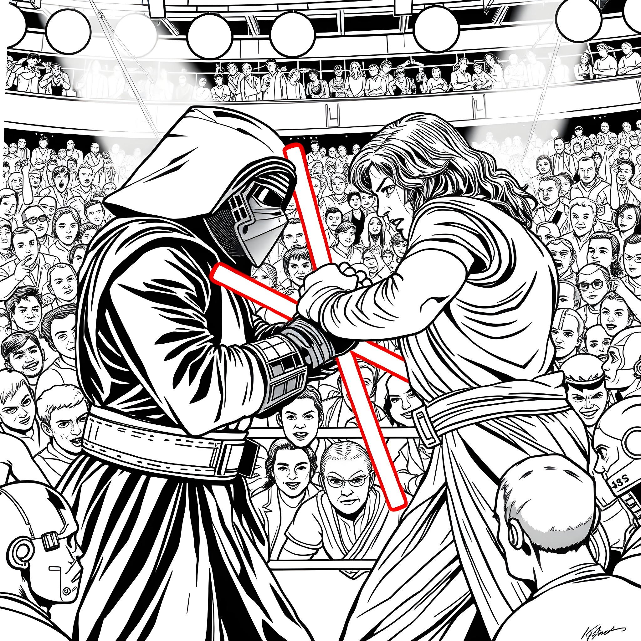 Kylo Ren engaging in an intense lightsaber duel Coloring Page (free black-and-white line drawing printable PDF for all, from beginners to advanced learners, including children, teens, adults, and seniors)