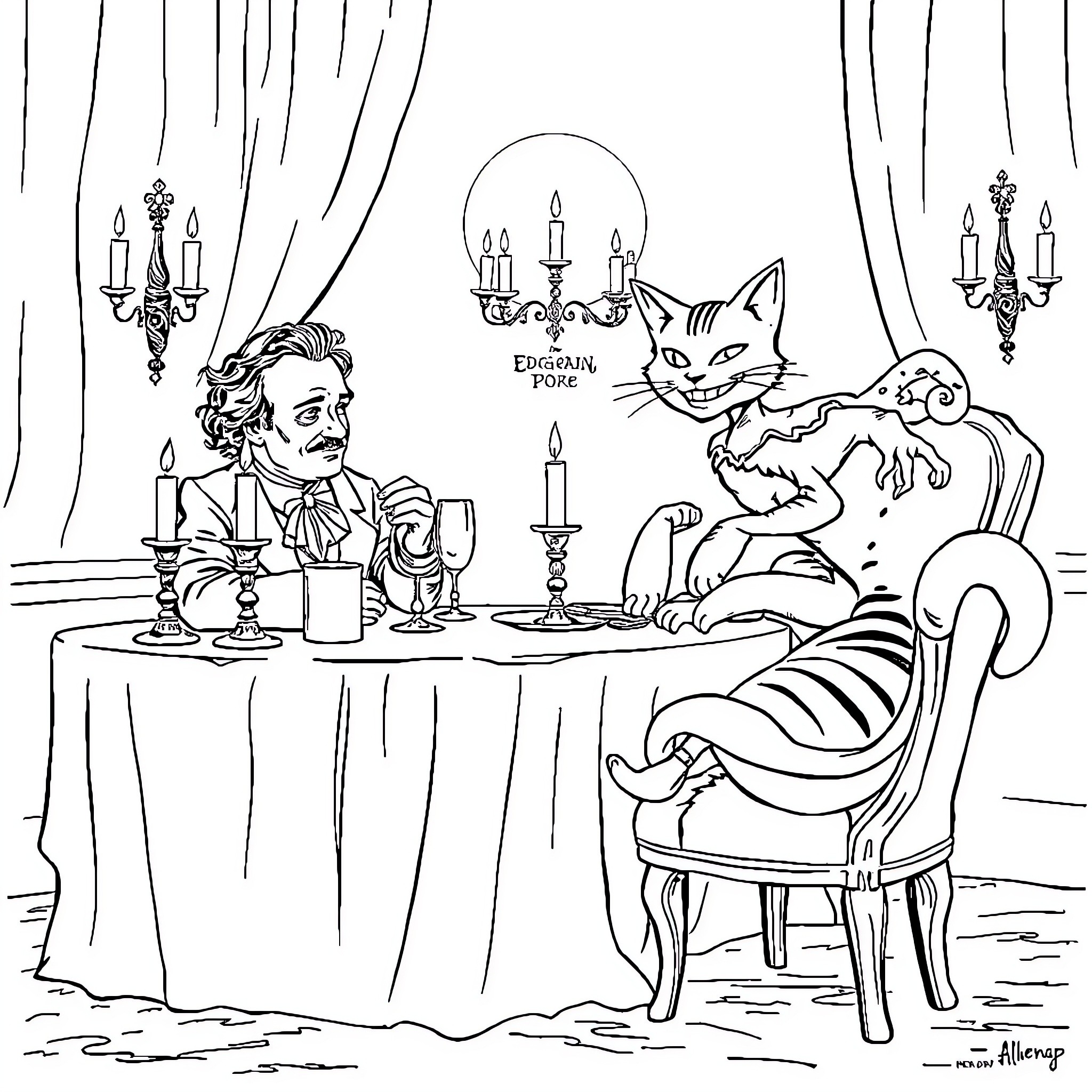 Edgar Allen Poe enjoying a meal with his feline companion Coloring Page (free black-and-white line drawing printable PDF for all, from beginners to advanced learners, including children, teens, adults, and seniors)