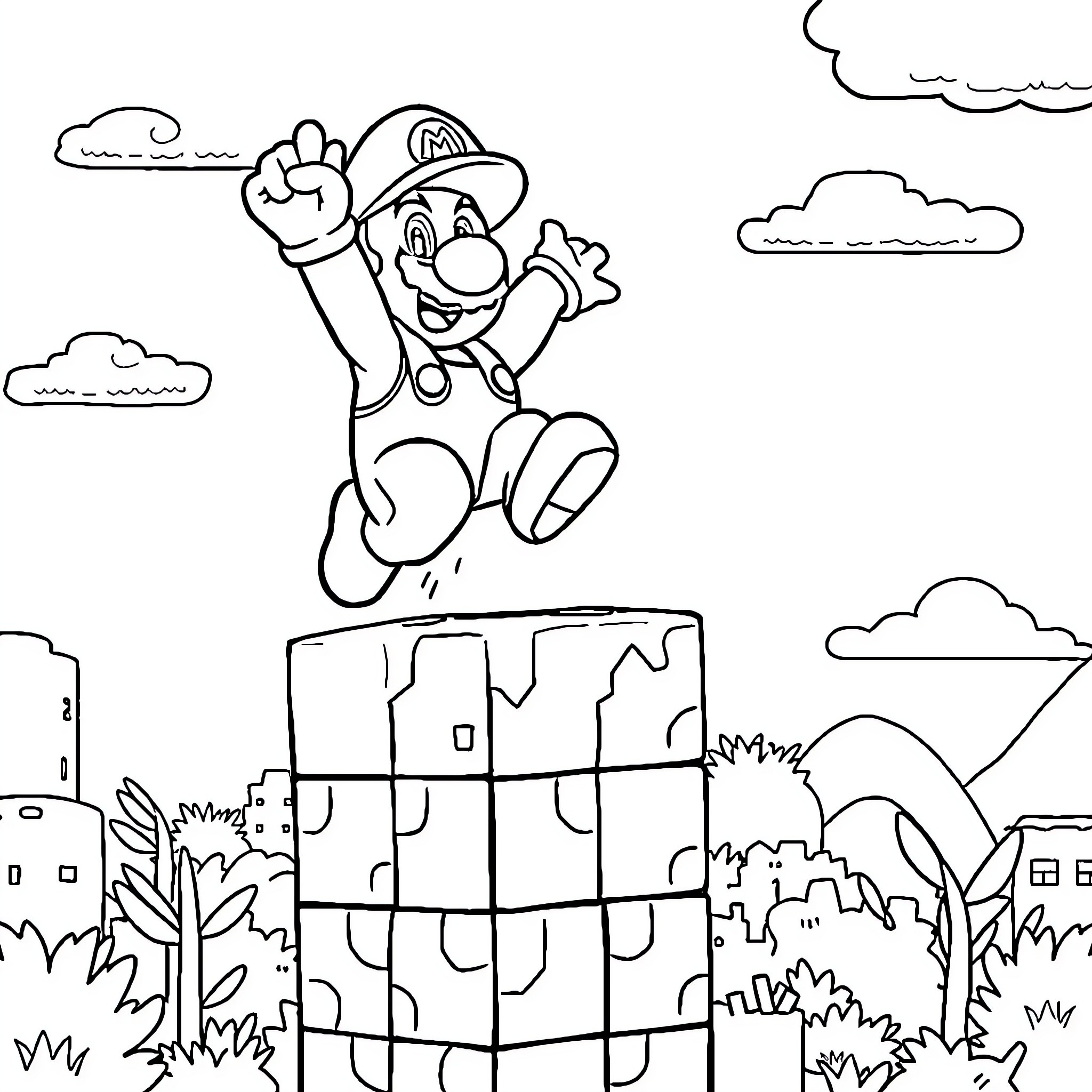 Super Mario jumping cheerfully over city skyline Coloring Page (free black-and-white line drawing printable PDF for all, from beginners to advanced learners, including children, teens, adults, and seniors)