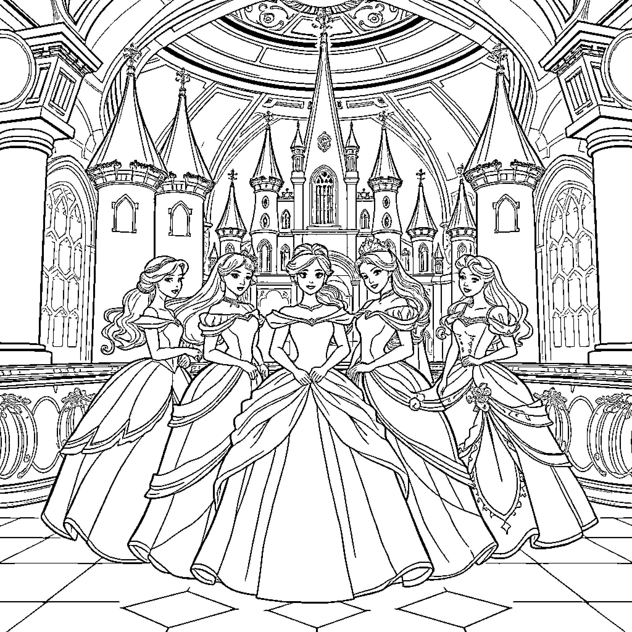Princess Gathering in Majestic Palace Coloring Page (free black-and-white line drawing printable PDF for all, from beginners to advanced learners, including children, teens, adults, and seniors)