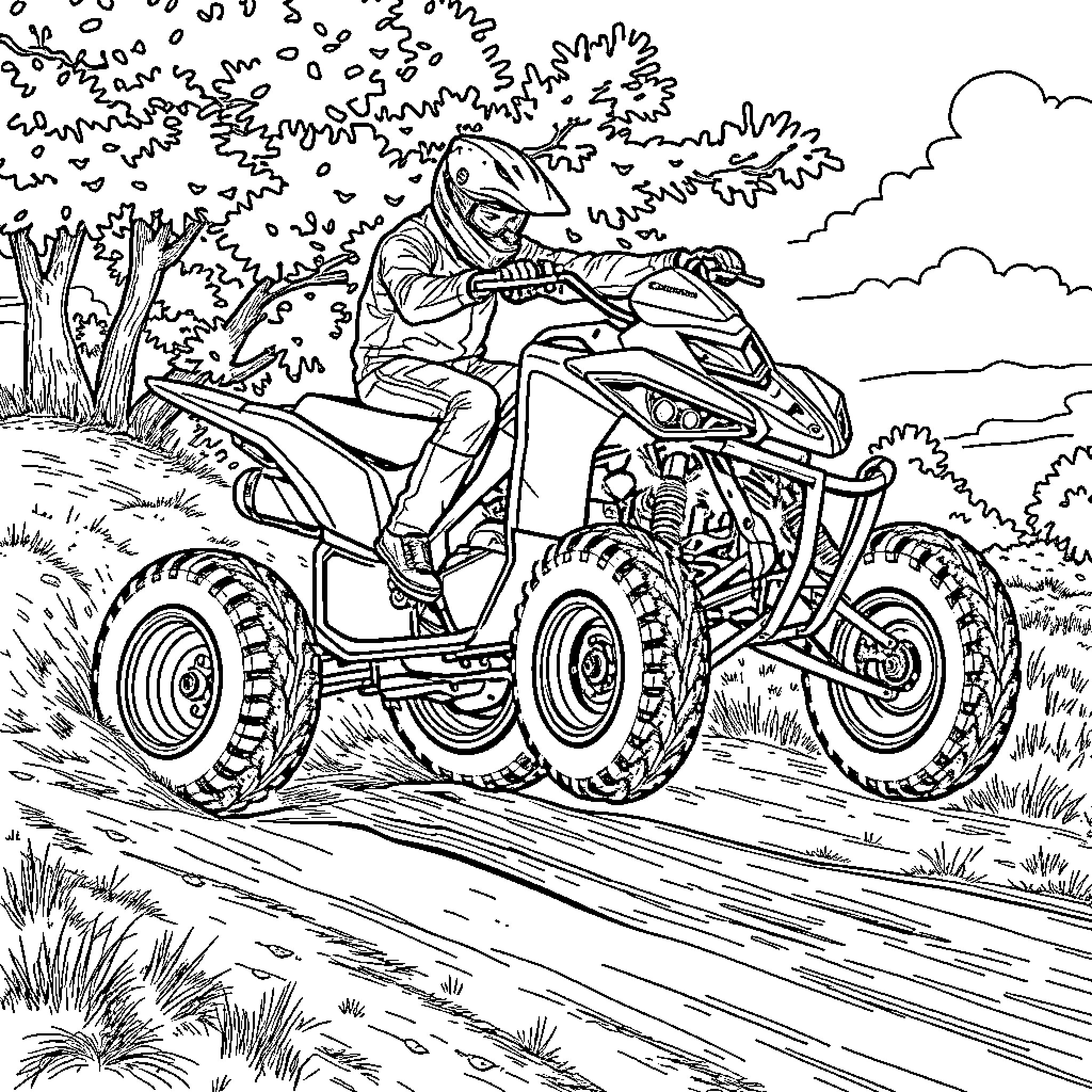 Can-Am rider enjoying an off-road adventure Coloring Page (free black-and-white line drawing printable PDF for all, from beginners to advanced learners, including children, teens, adults, and seniors)