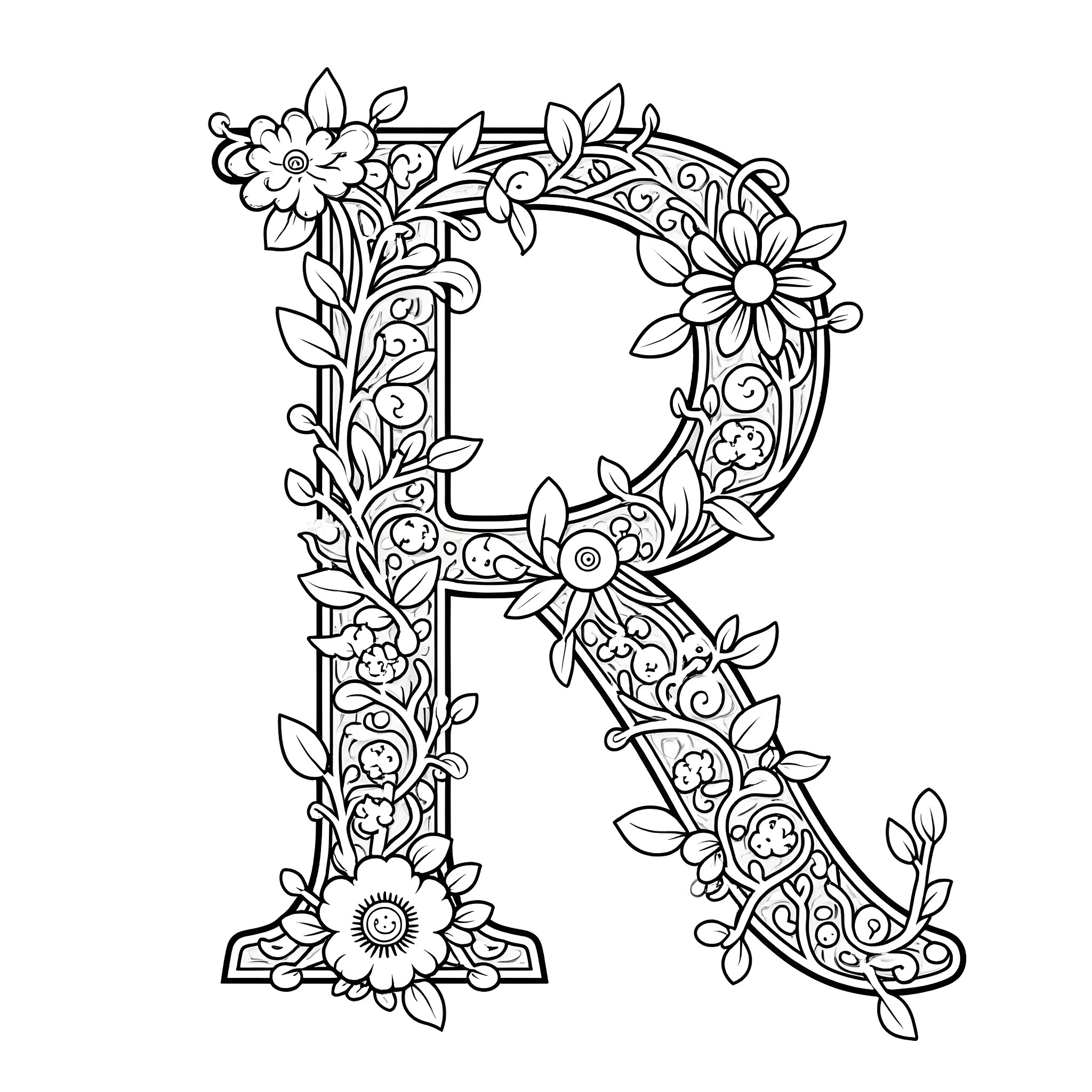 Radiant Floral Flourish Coloring Page (free black-and-white line drawing printable PDF for all, from beginners to advanced learners, including children, teens, adults, and seniors)