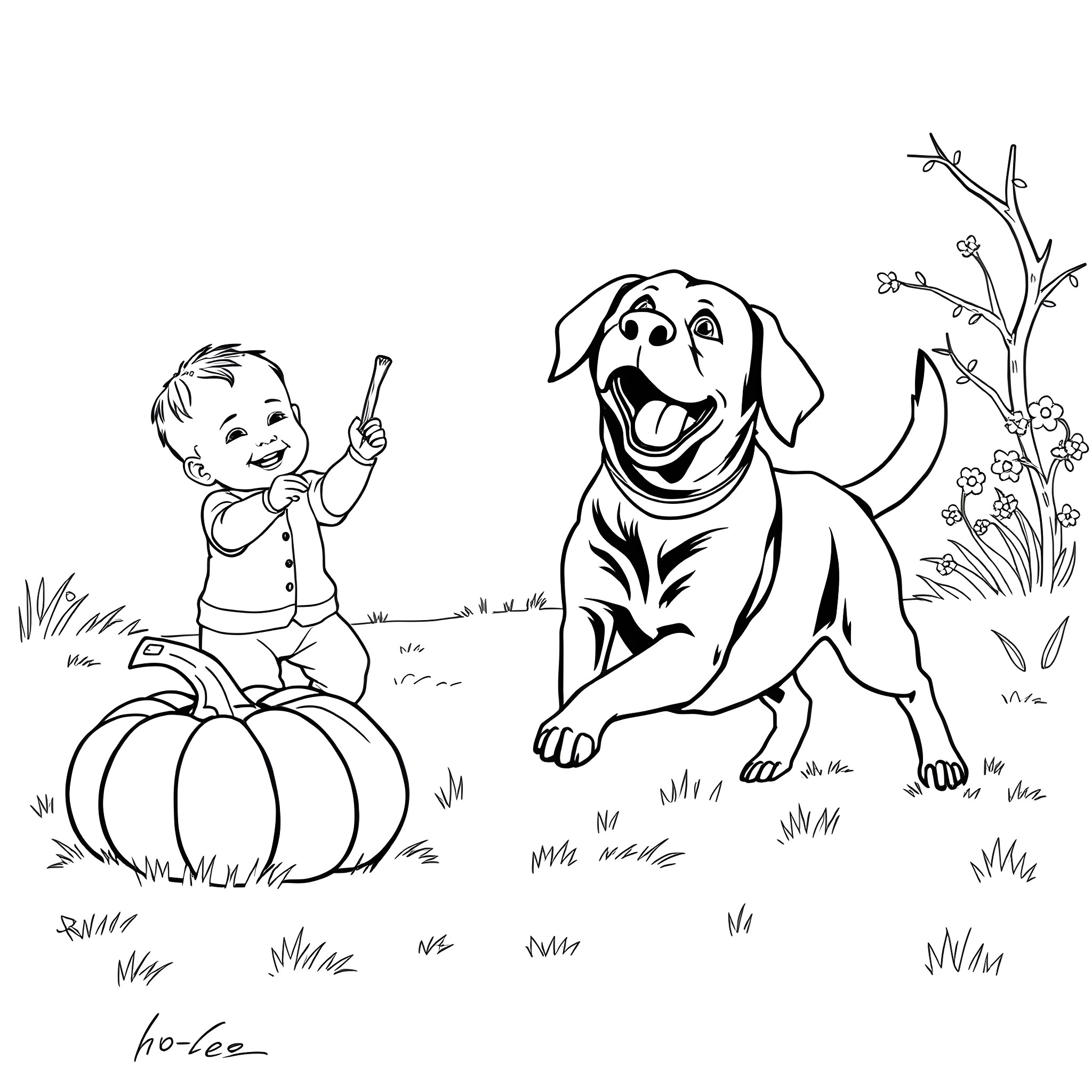 Dog and child playing together in nature Coloring Page (free black-and-white line drawing printable PDF for all, from beginners to advanced learners, including children, teens, adults, and seniors)