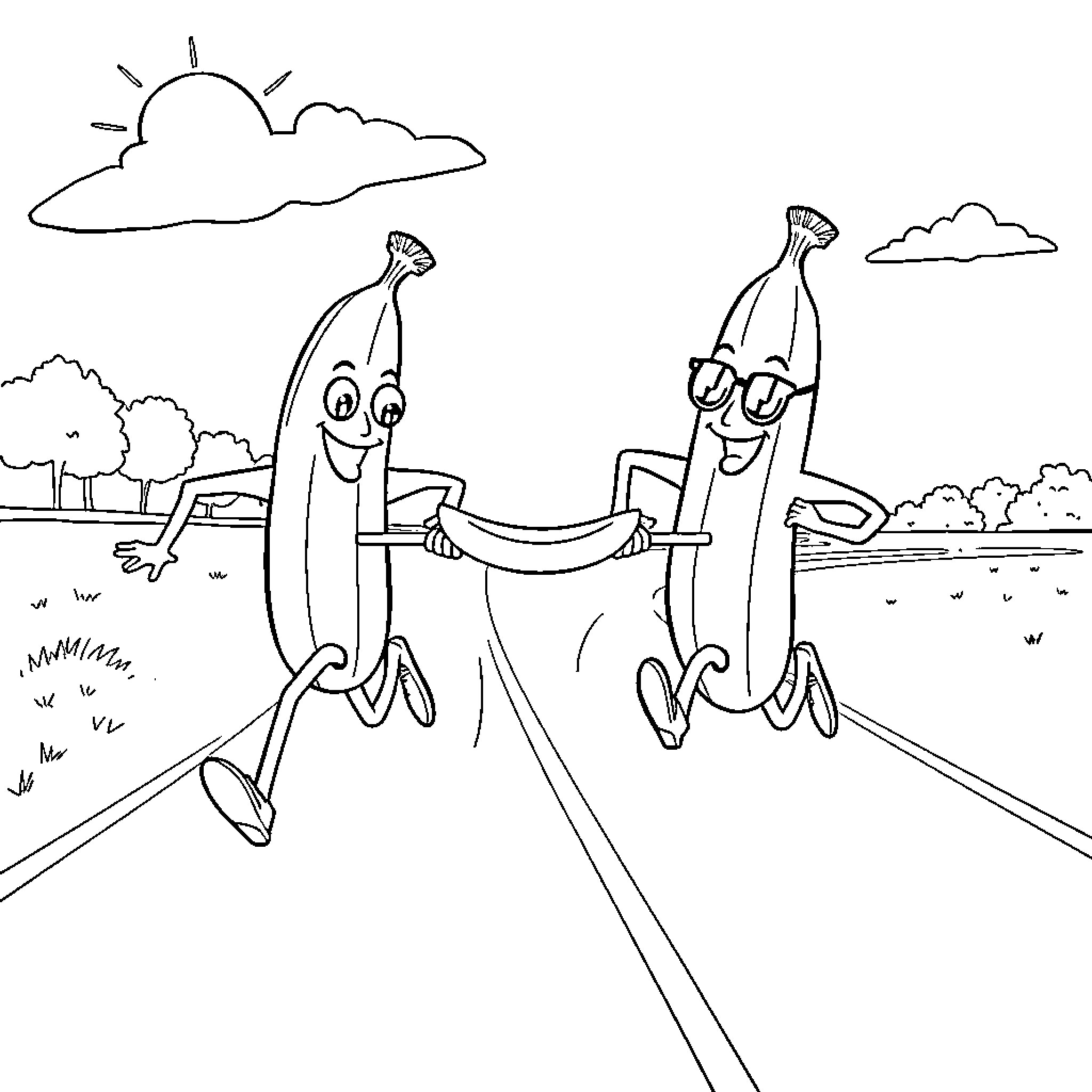 Banana friends enjoying a sunny day Coloring Page (free black-and-white line drawing printable PDF for all, from beginners to advanced learners, including children, teens, adults, and seniors)