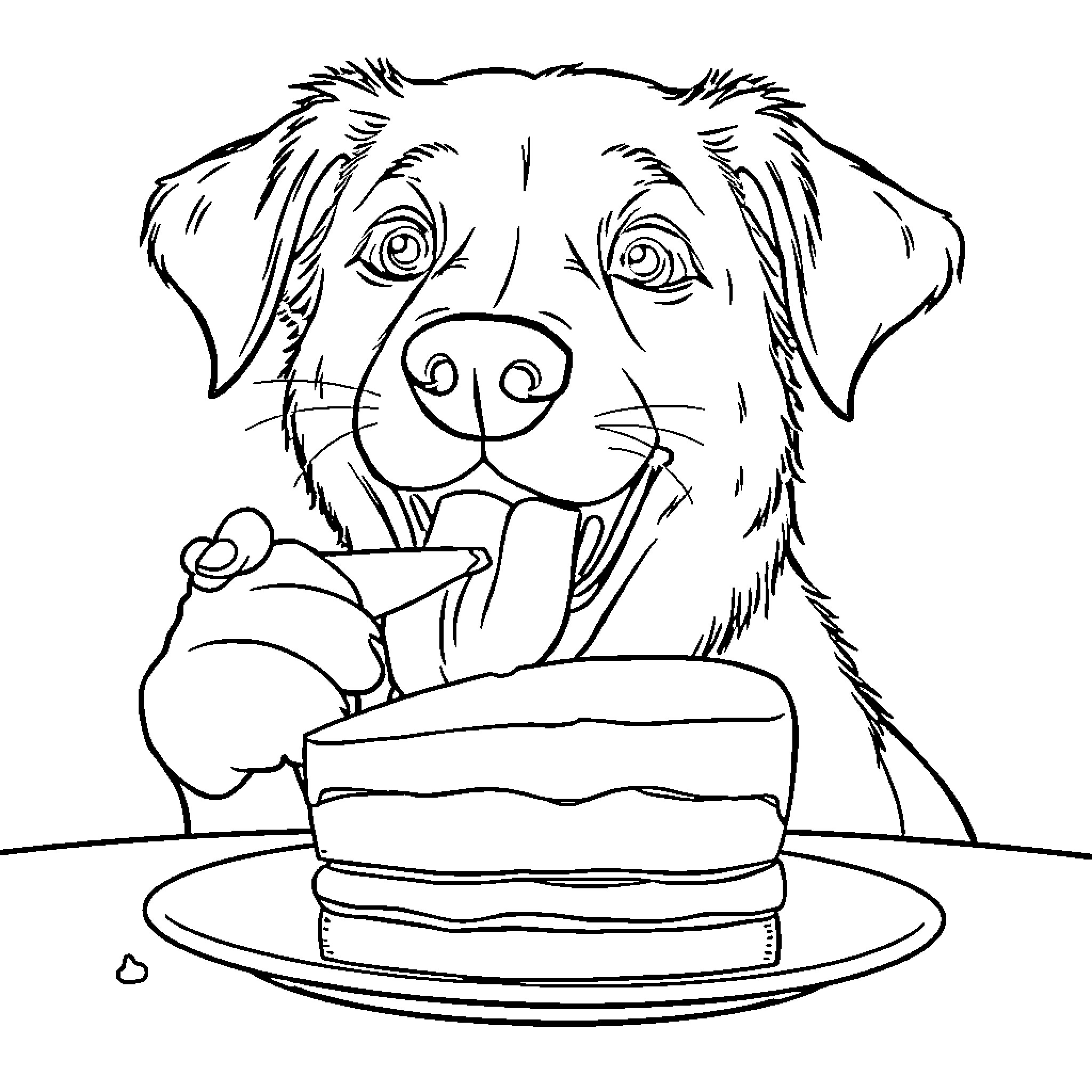 Dog enjoying a delicious cake Coloring Page (free black-and-white line drawing printable PDF for all, from beginners to advanced learners, including children, teens, adults, and seniors)