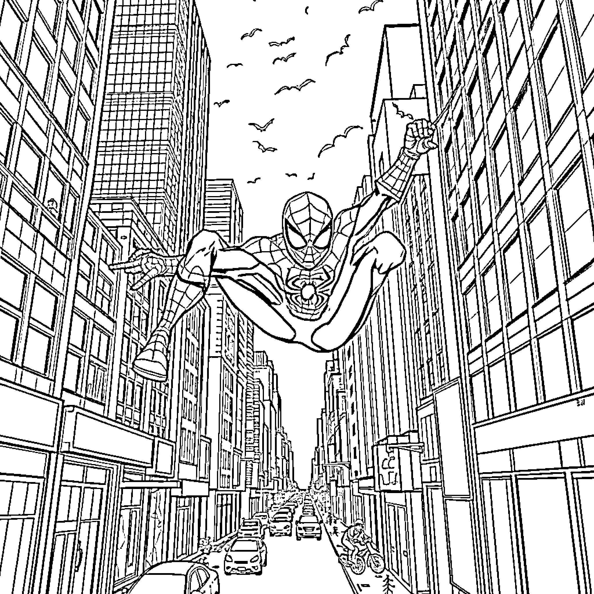 Spiderman swinging through the city skyscrapers Coloring Page (free black-and-white line drawing printable PDF for all, from beginners to advanced learners, including children, teens, adults, and seniors)