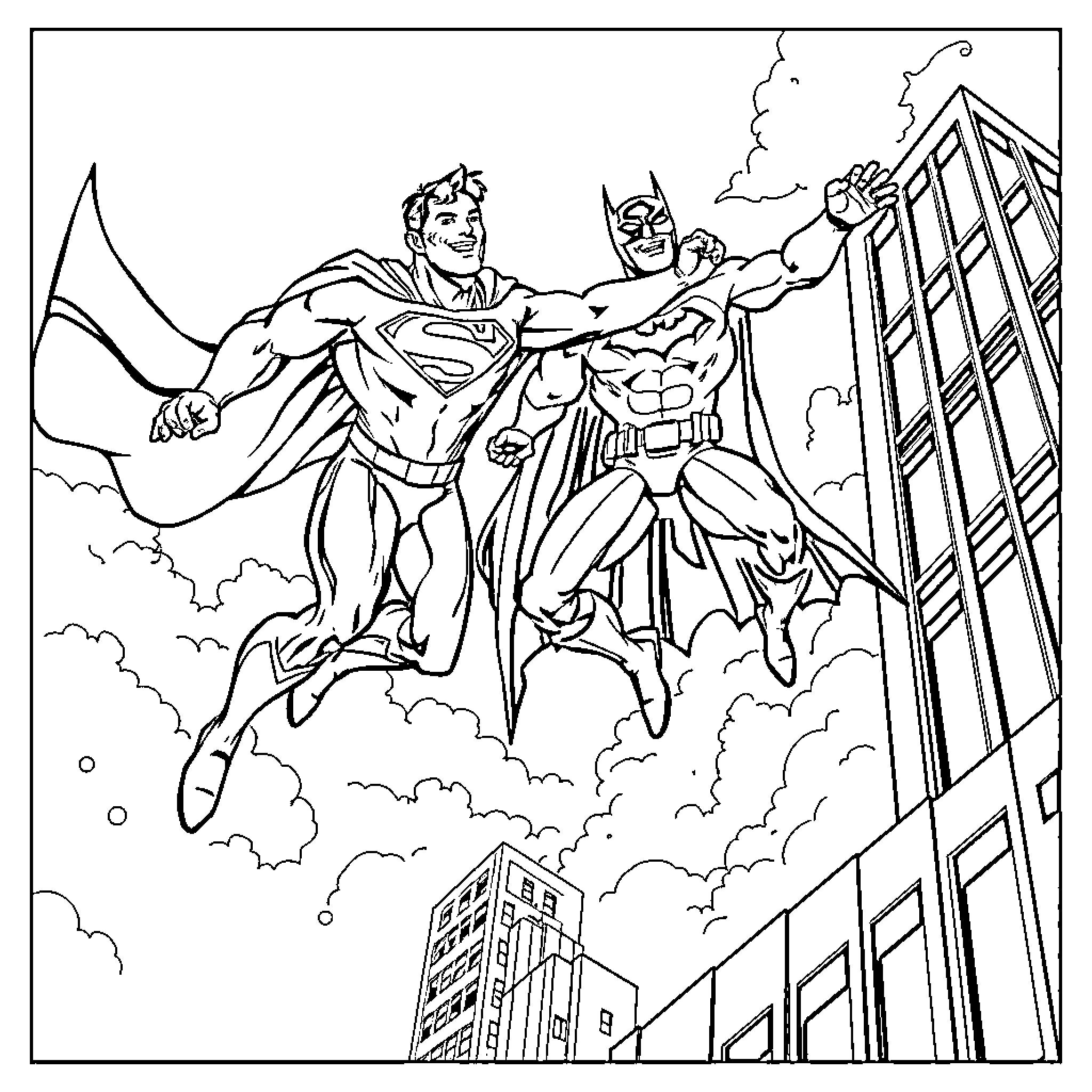 Superman and Batman fighting crime in the city Coloring Page (free black-and-white line drawing printable PDF for all, from beginners to advanced learners, including children, teens, adults, and seniors)