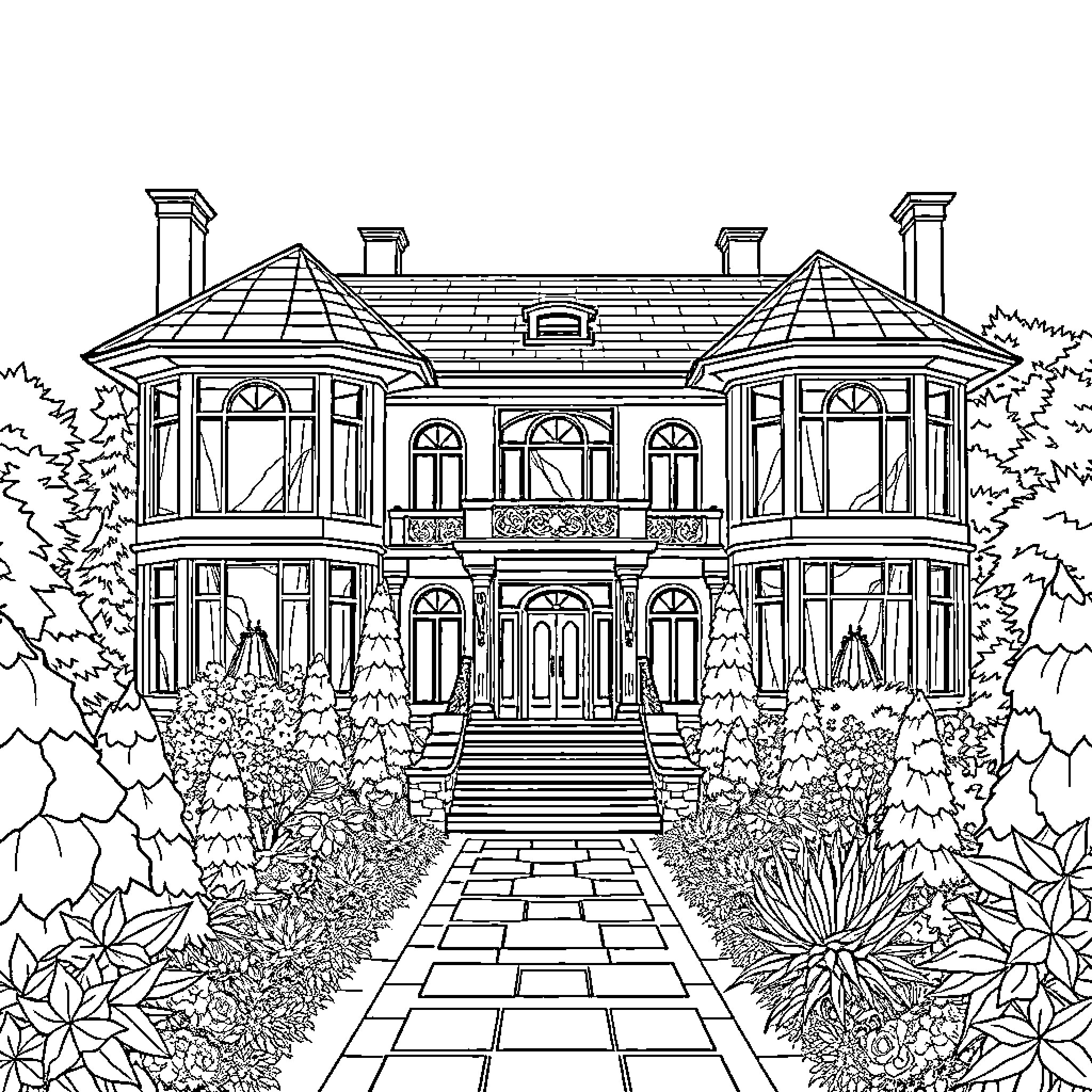 Billionaire's Elegant Manor Surrounded by Lush Foliage Coloring Page (free black-and-white line drawing printable PDF for all, from beginners to advanced learners, including children, teens, adults, and seniors)