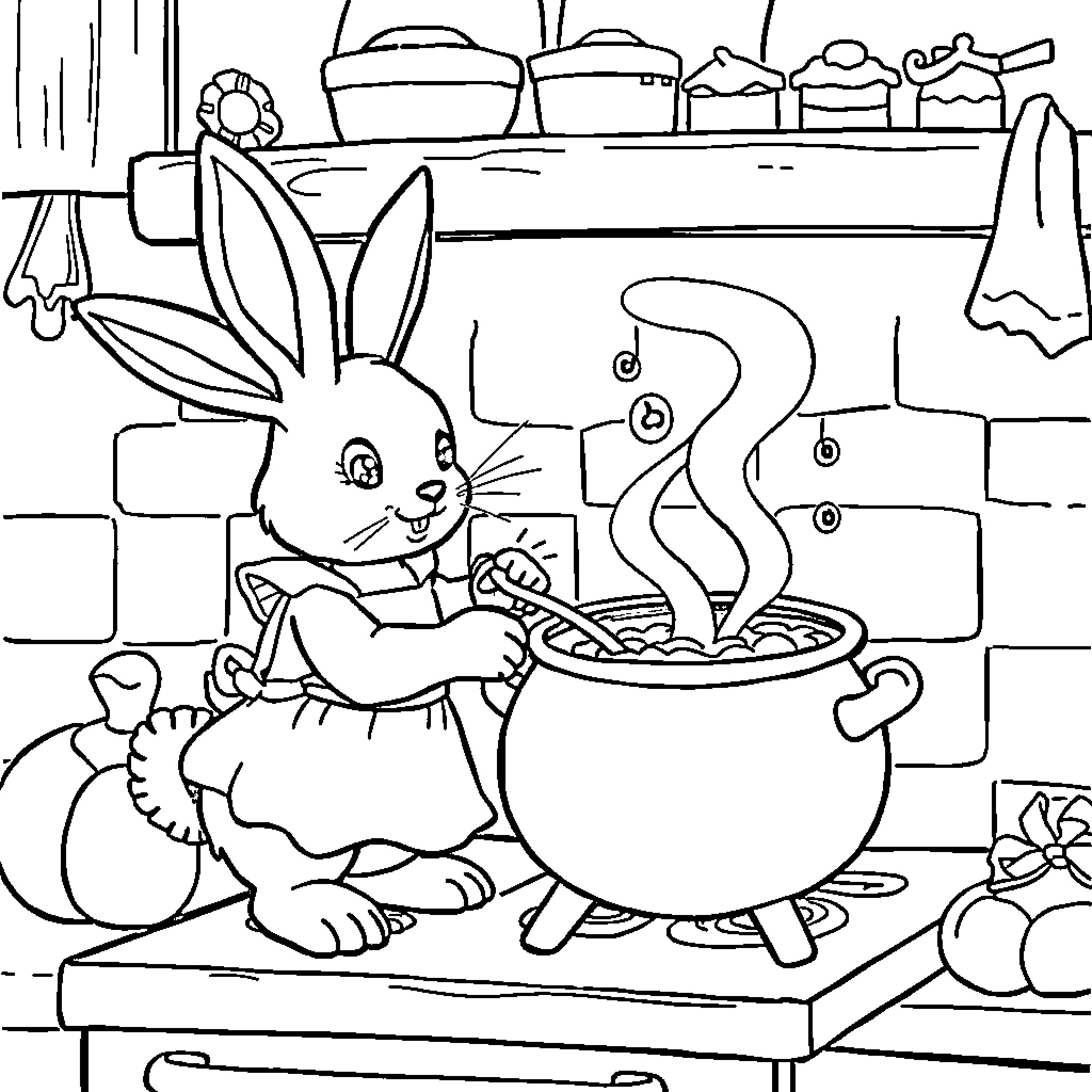 Bunny cooking a tasty meal in the kitchen Coloring Page (free black-and-white line drawing printable PDF for all, from beginners to advanced learners, including children, teens, adults, and seniors)