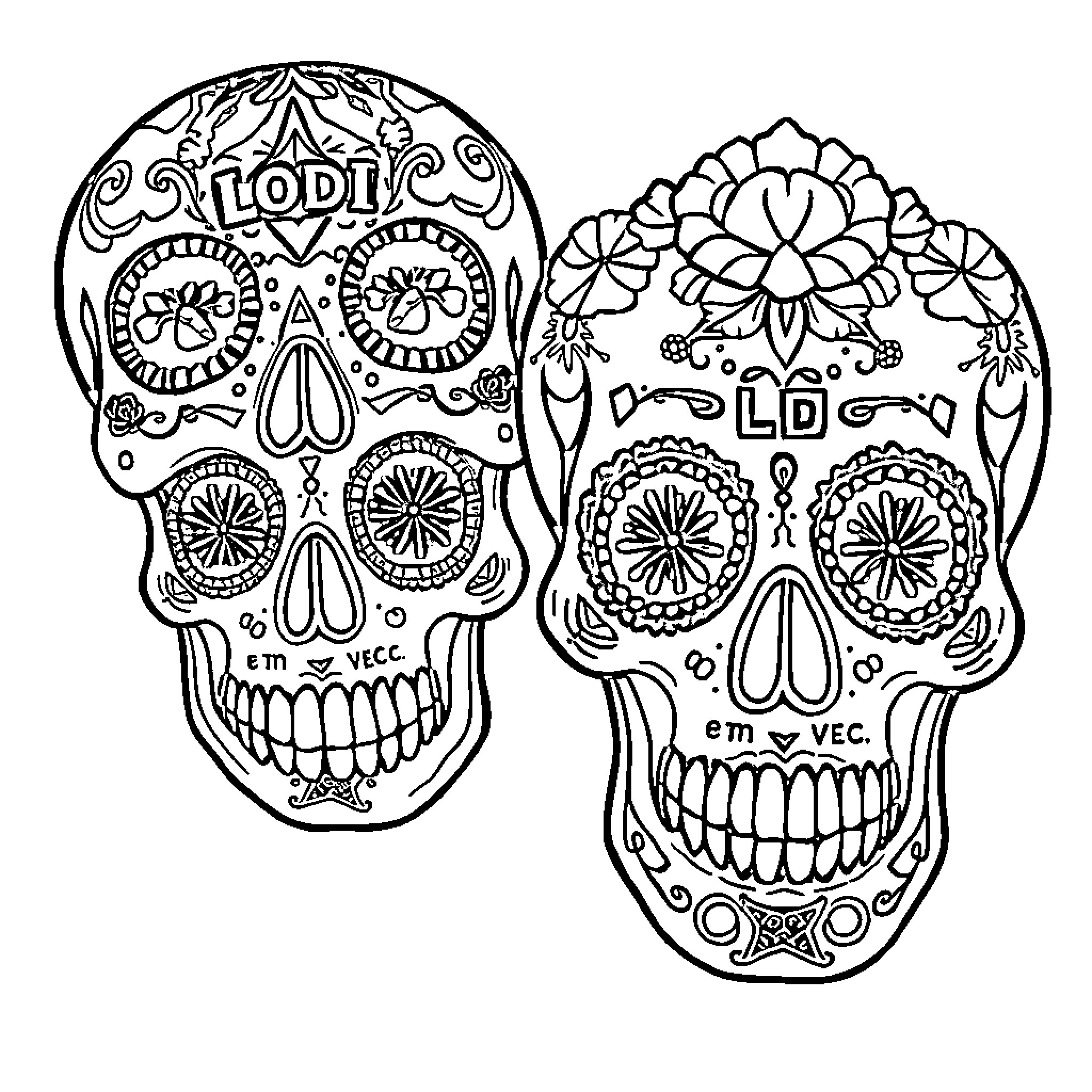 Sugar Skull Ornate Duo with Intricate Floral Designs Coloring Page (free black-and-white line drawing printable PDF for all, from beginners to advanced learners, including children, teens, adults, and seniors)