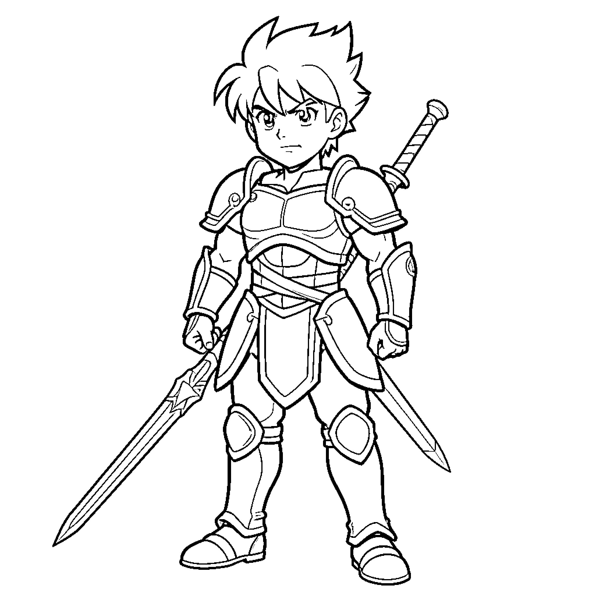 Pegasus knight standing bravely with swords and armor Coloring Page (free black-and-white line drawing printable PDF for all, from beginners to advanced learners, including children, teens, adults, and seniors)
