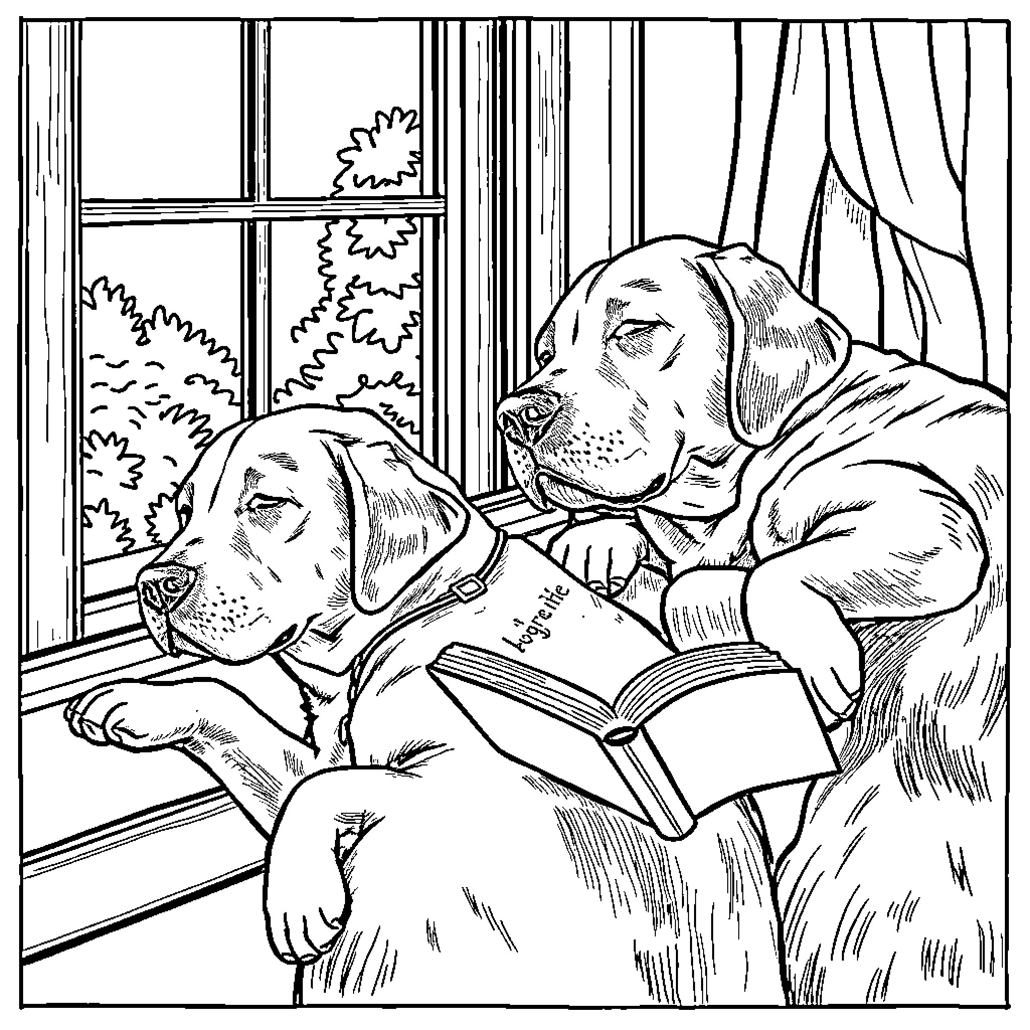 Lab dogs relaxing and reading by the window Coloring Page (free black-and-white line drawing printable PDF for all, from beginners to advanced learners, including children, teens, adults, and seniors)