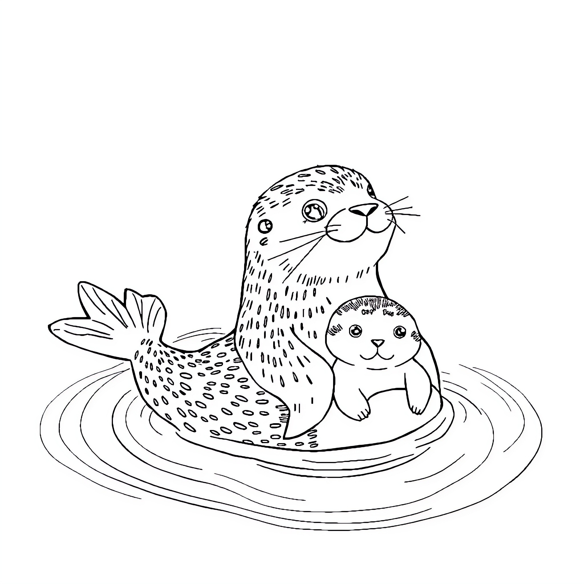 Otter lounging with a seal pup in the water Coloring Page (free black-and-white line drawing printable PDF for all, from beginners to advanced learners, including children, teens, adults, and seniors)