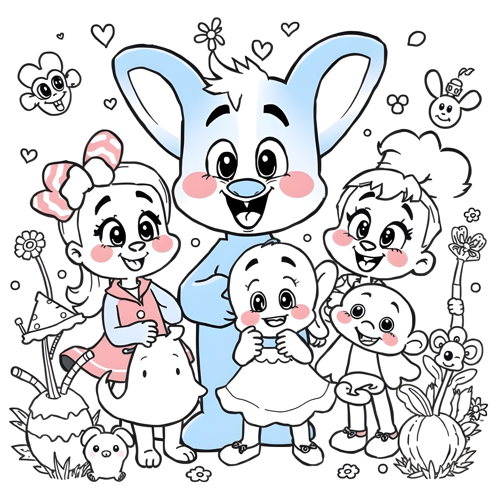 Bluey and friends in a playful scene Coloring Page (free black-and-white line drawing printable PDF for all, from beginners to advanced learners, including children, teens, adults, and seniors)