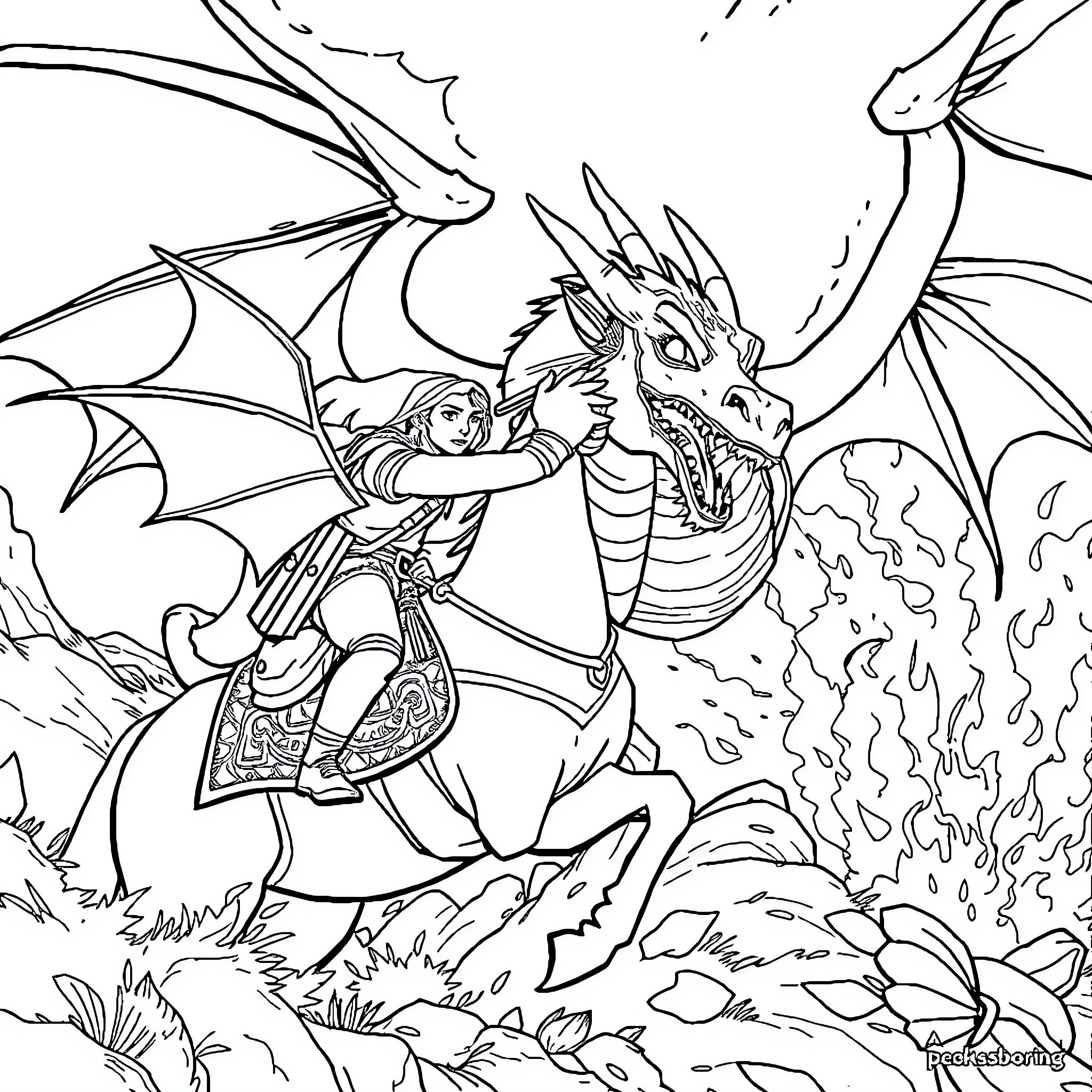 Link Battling a Fearsome Dragon Coloring Page (free black-and-white line drawing printable PDF for all, from beginners to advanced learners, including children, teens, adults, and seniors)