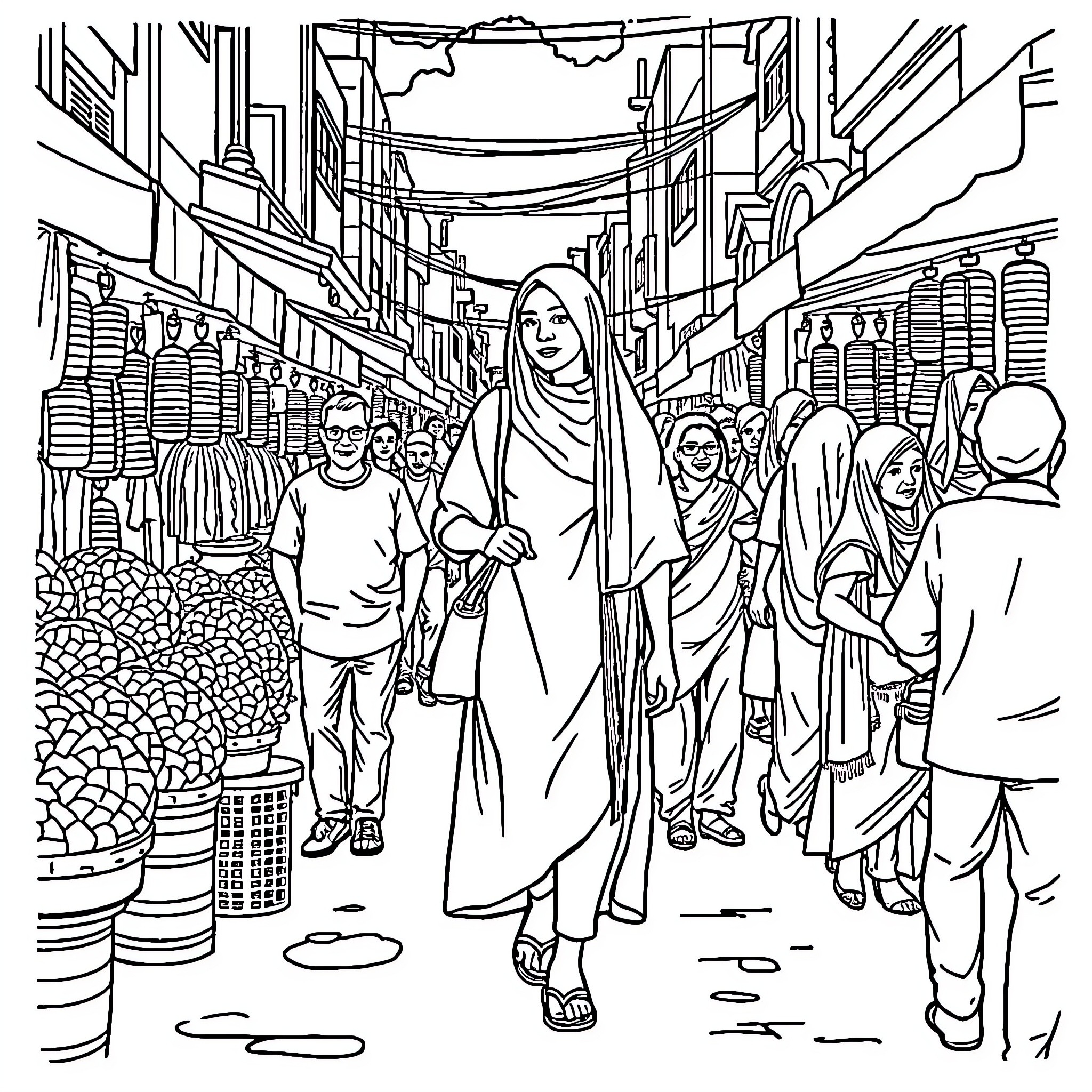 Himra's Vibrant Marketplace Journey Coloring Page (free black-and-white line drawing printable PDF for all, from beginners to advanced learners, including children, teens, adults, and seniors)