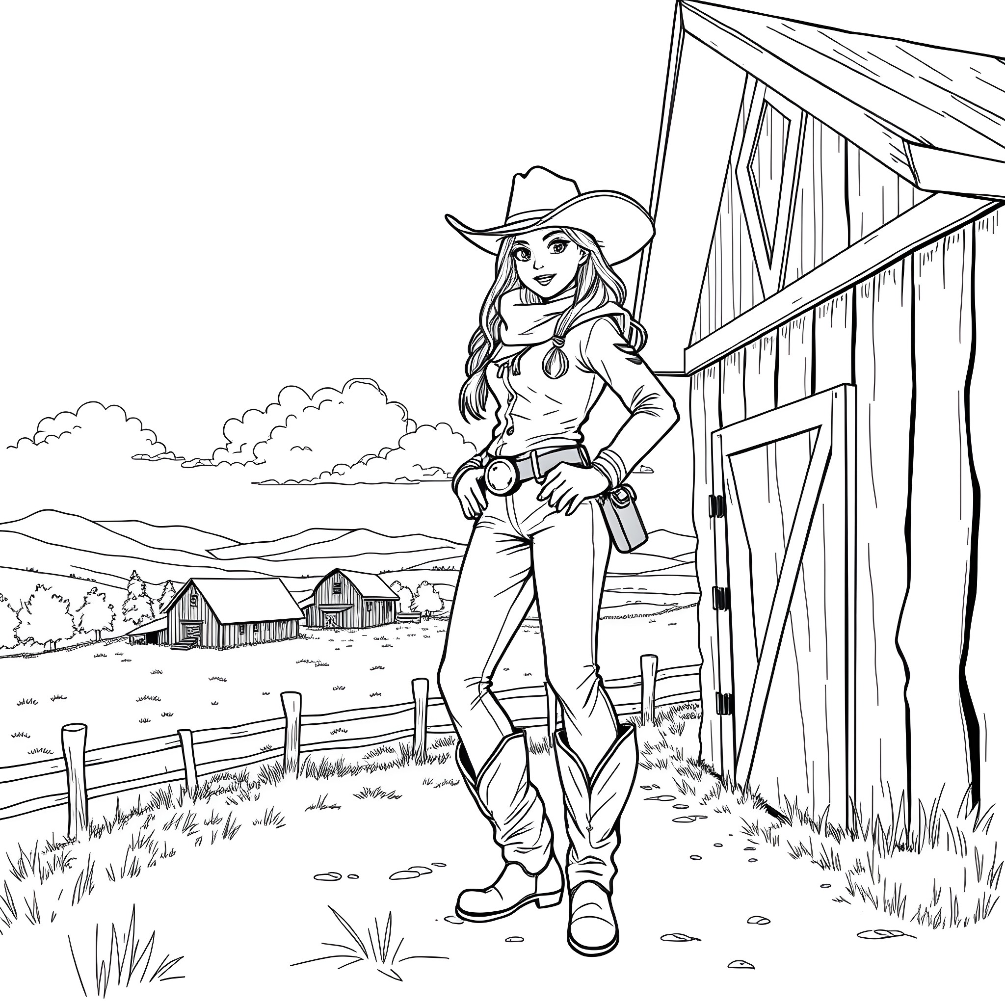 Cowgirl posing confidently on a ranch Coloring Page (free black-and-white line drawing printable PDF for all, from beginners to advanced learners, including children, teens, adults, and seniors)