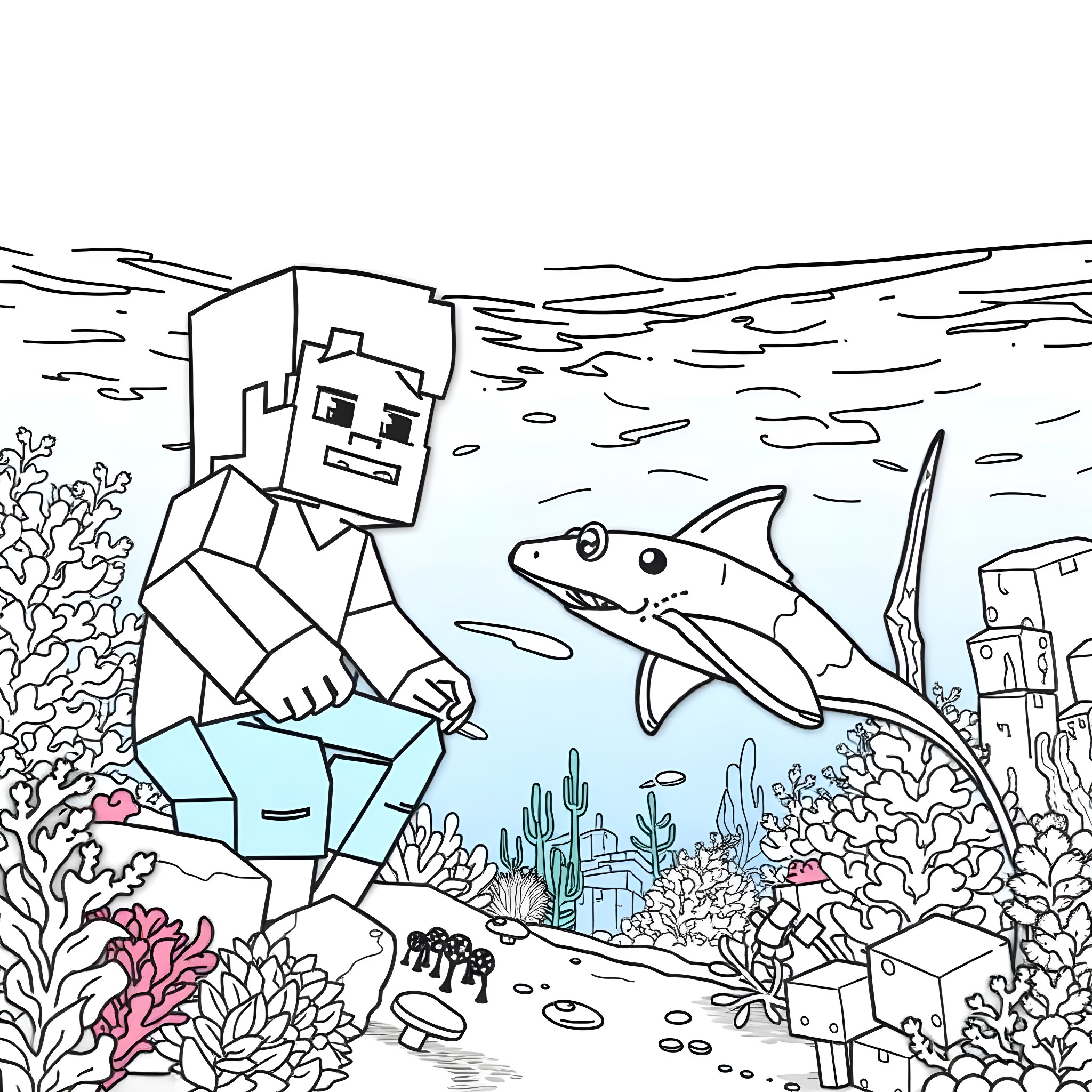 Steve's Underwater Adventure with Shark Coloring Page (free black-and-white line drawing printable PDF for all, from beginners to advanced learners, including children, teens, adults, and seniors)