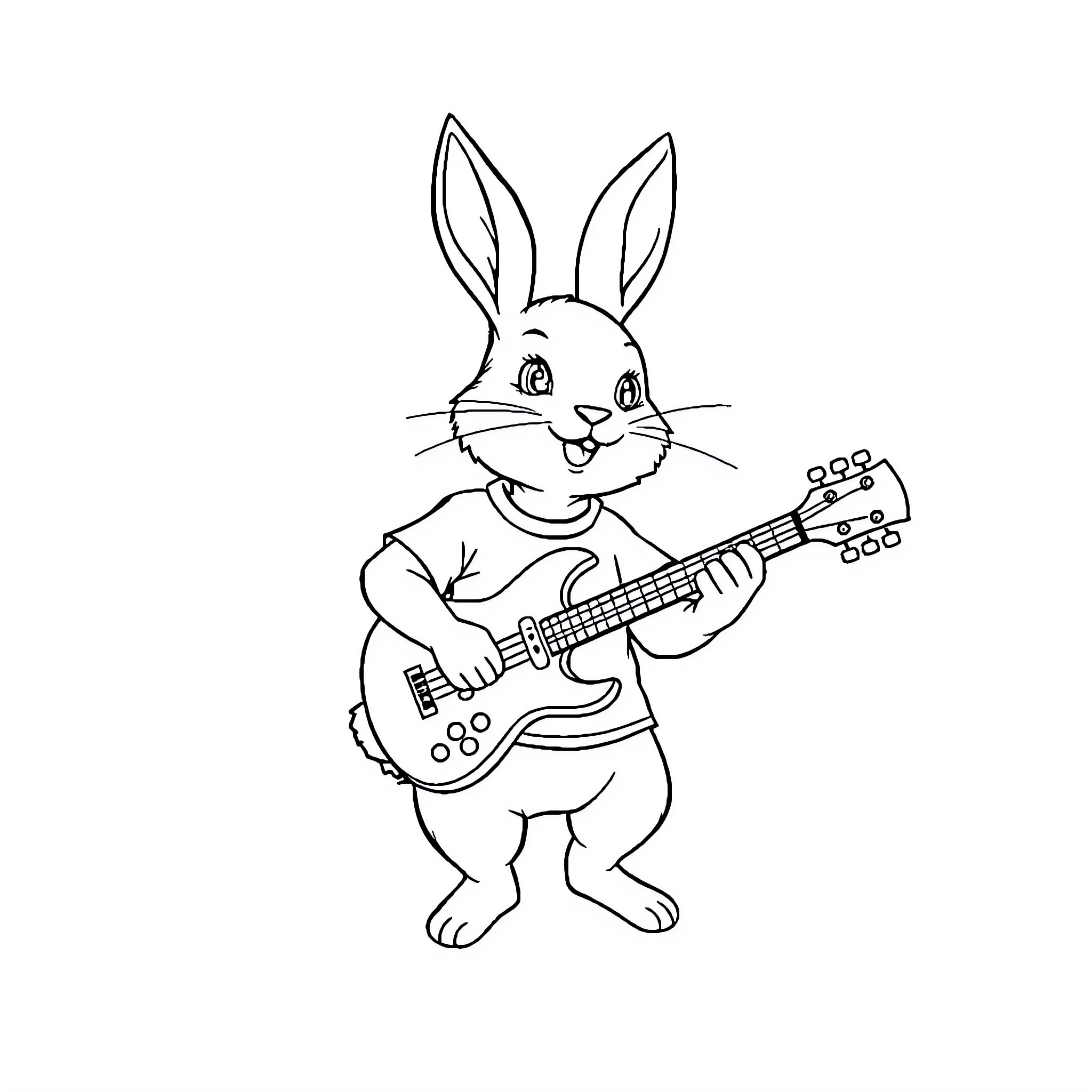 Rabbit Musician Playing Guitar Happily Coloring Page (free black-and-white line drawing printable PDF for all, from beginners to advanced learners, including children, teens, adults, and seniors)
