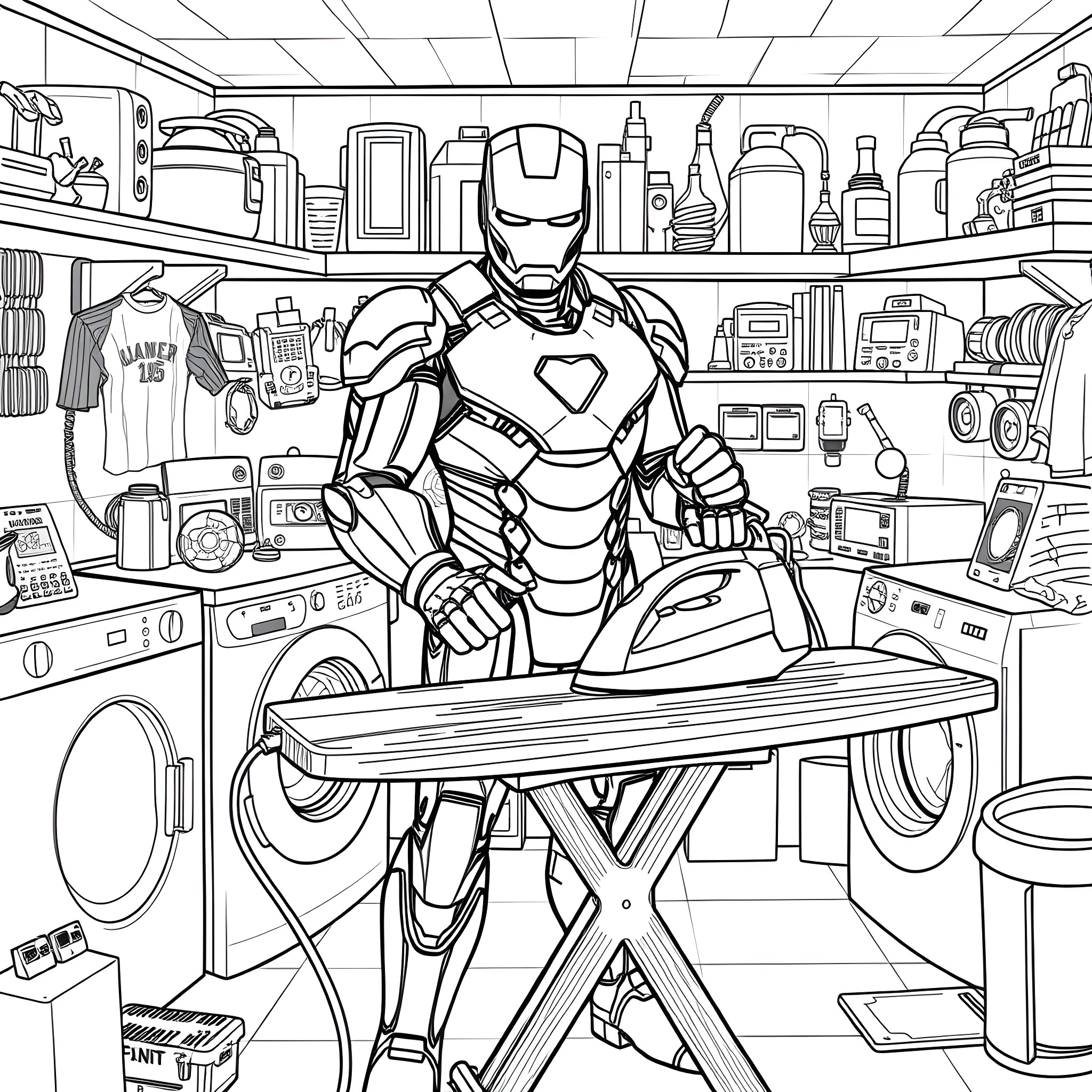 Ironman Doing Chores in a Cluttered Utility Room Coloring Page (free black-and-white line drawing printable PDF for all, from beginners to advanced learners, including children, teens, adults, and seniors)