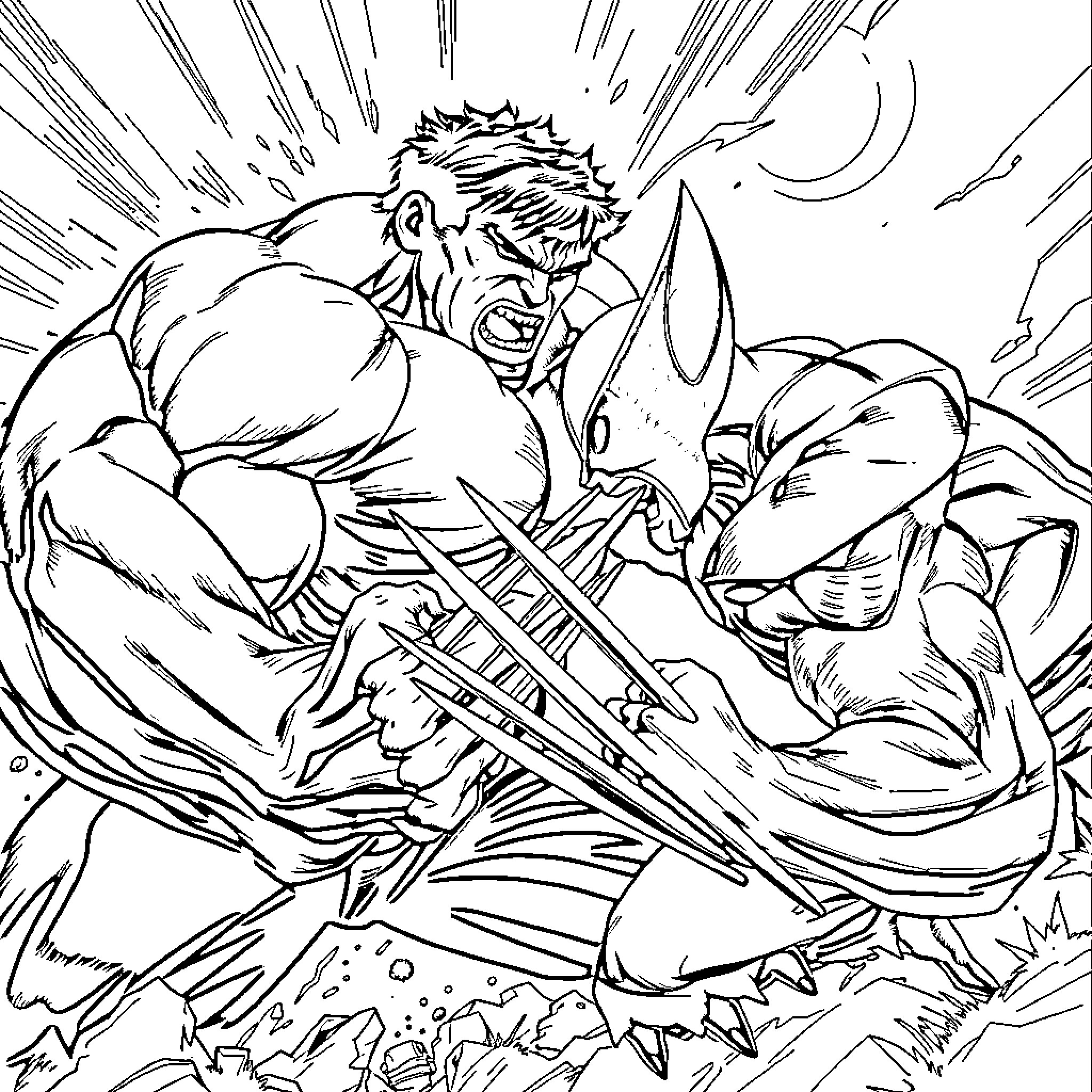 Hulk battling ferociously with claws and fangs Coloring Page (free black-and-white line drawing printable PDF for all, from beginners to advanced learners, including children, teens, adults, and seniors)
