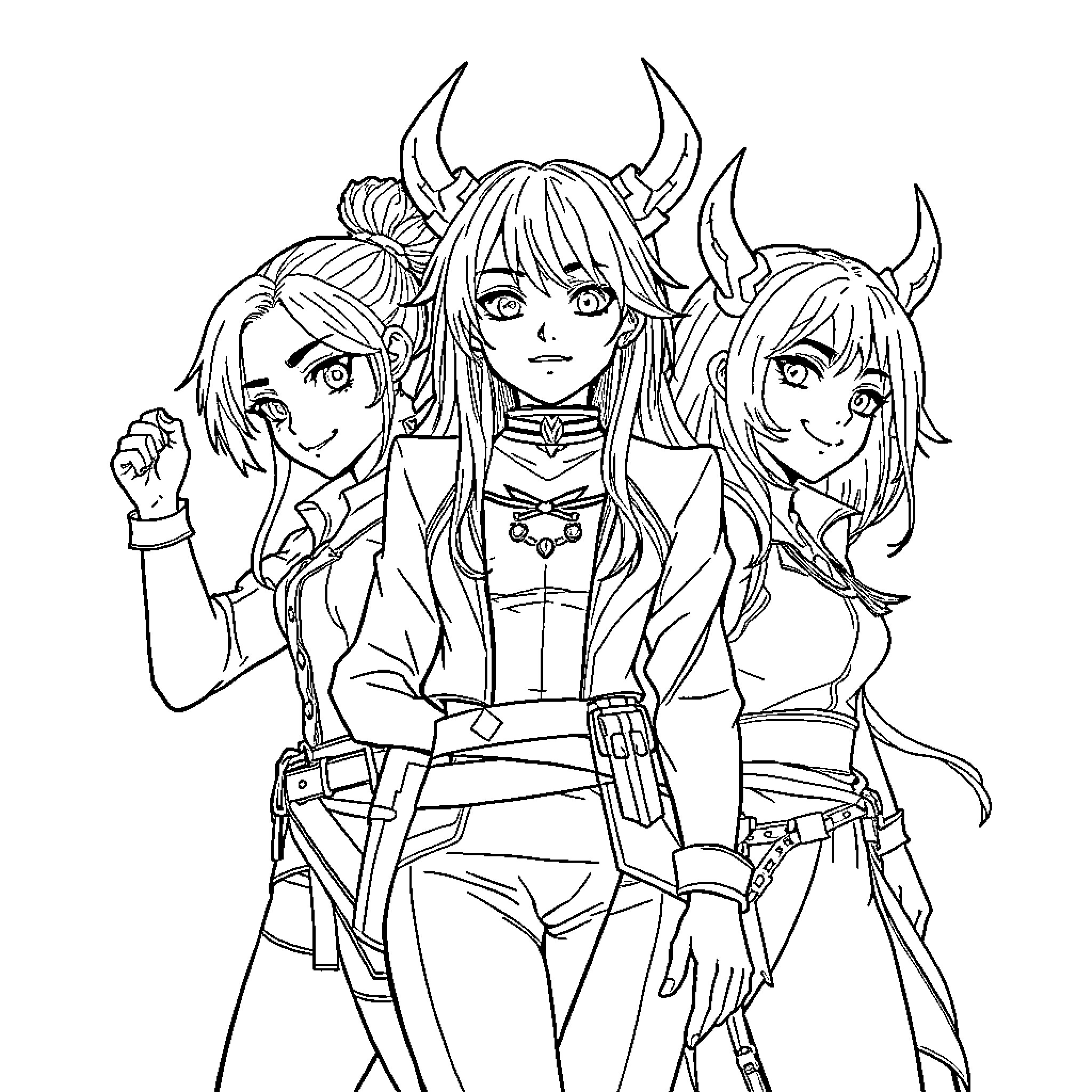 Demon Hunters in Action: Fierce Expressions and Unique Outfits Coloring Page (free black-and-white line drawing printable PDF for all, from beginners to advanced learners, including children, teens, adults, and seniors)