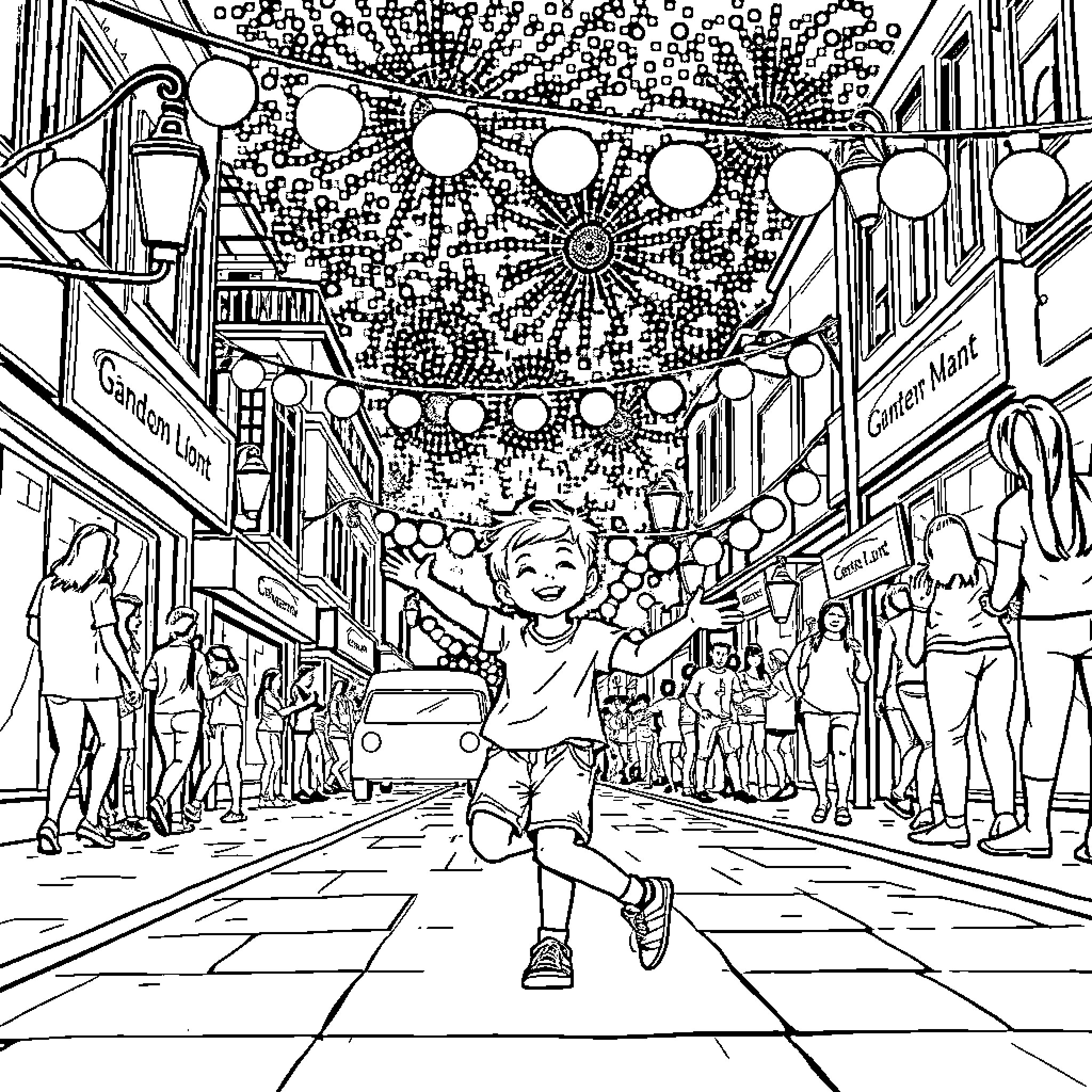Kid Celebrates in a Festive Street Scene Coloring Page (free black-and-white line drawing printable PDF for all, from beginners to advanced learners, including children, teens, adults, and seniors)