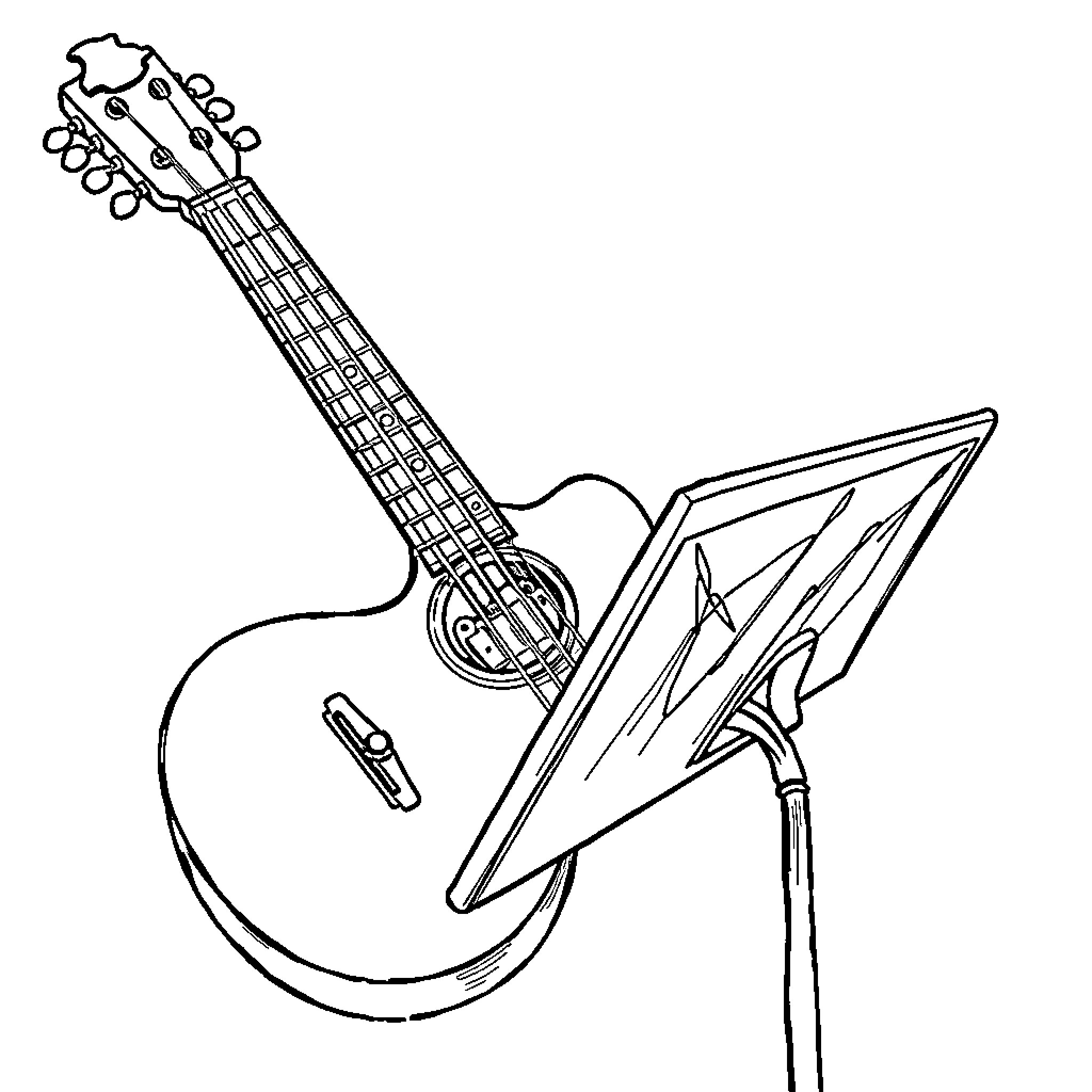 Guitar on stand with electric sign Coloring Page (free black-and-white line drawing printable PDF for all, from beginners to advanced learners, including children, teens, adults, and seniors)