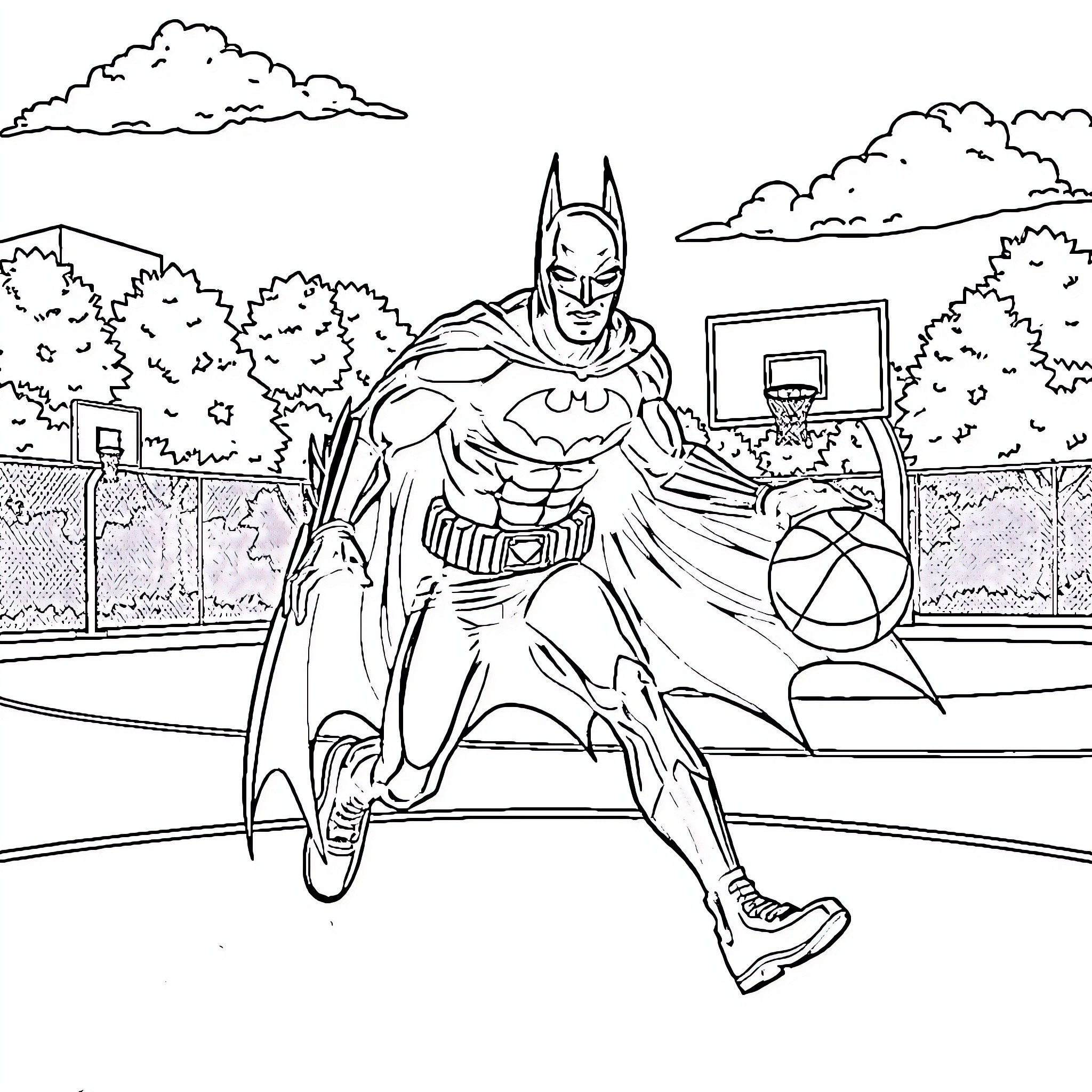 Batman playing basketball on the court Coloring Page (free black-and-white line drawing printable PDF for all, from beginners to advanced learners, including children, teens, adults, and seniors)