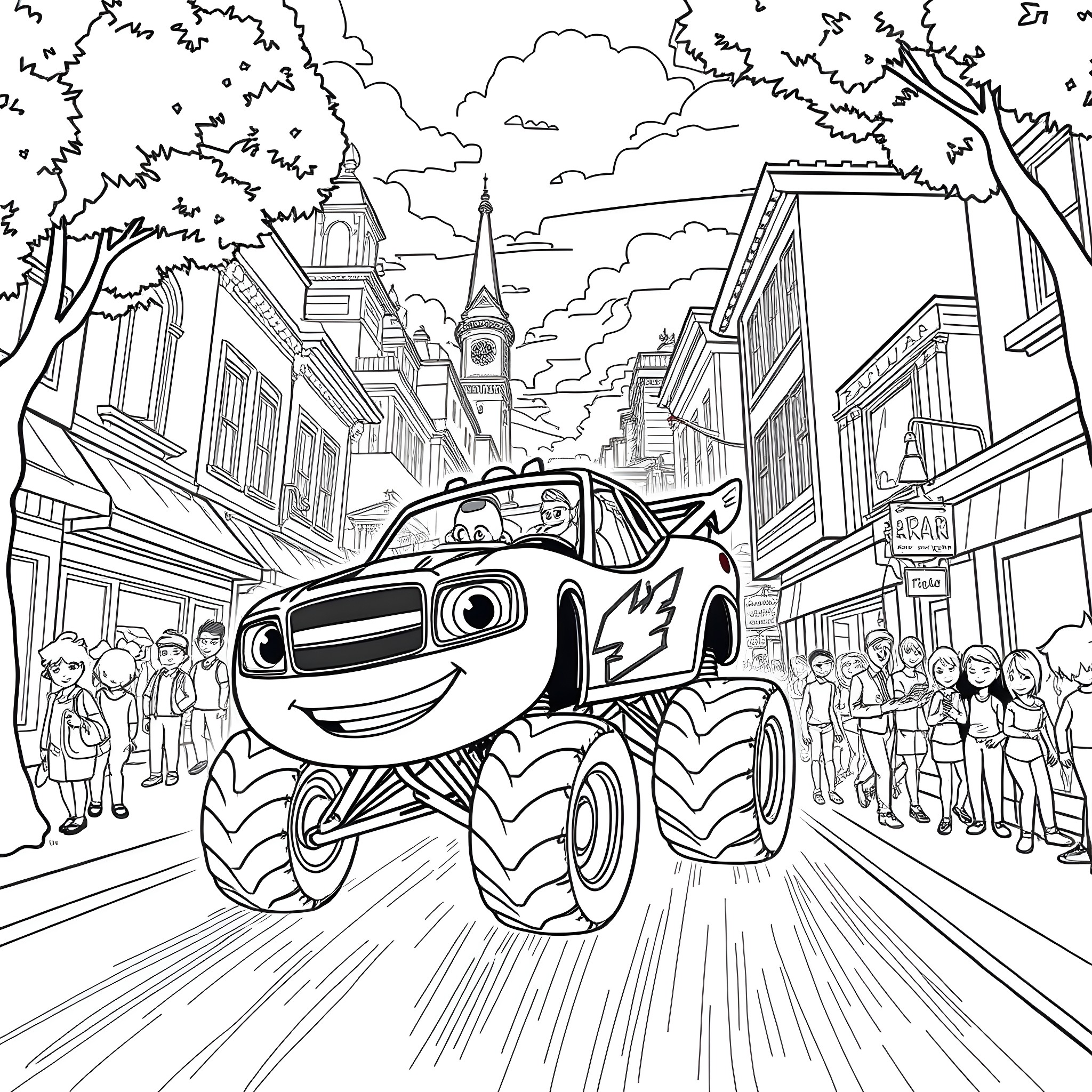 Blaze's Monster Truck Adventure in the City Coloring Page (free black-and-white line drawing printable PDF for all, from beginners to advanced learners, including children, teens, adults, and seniors)