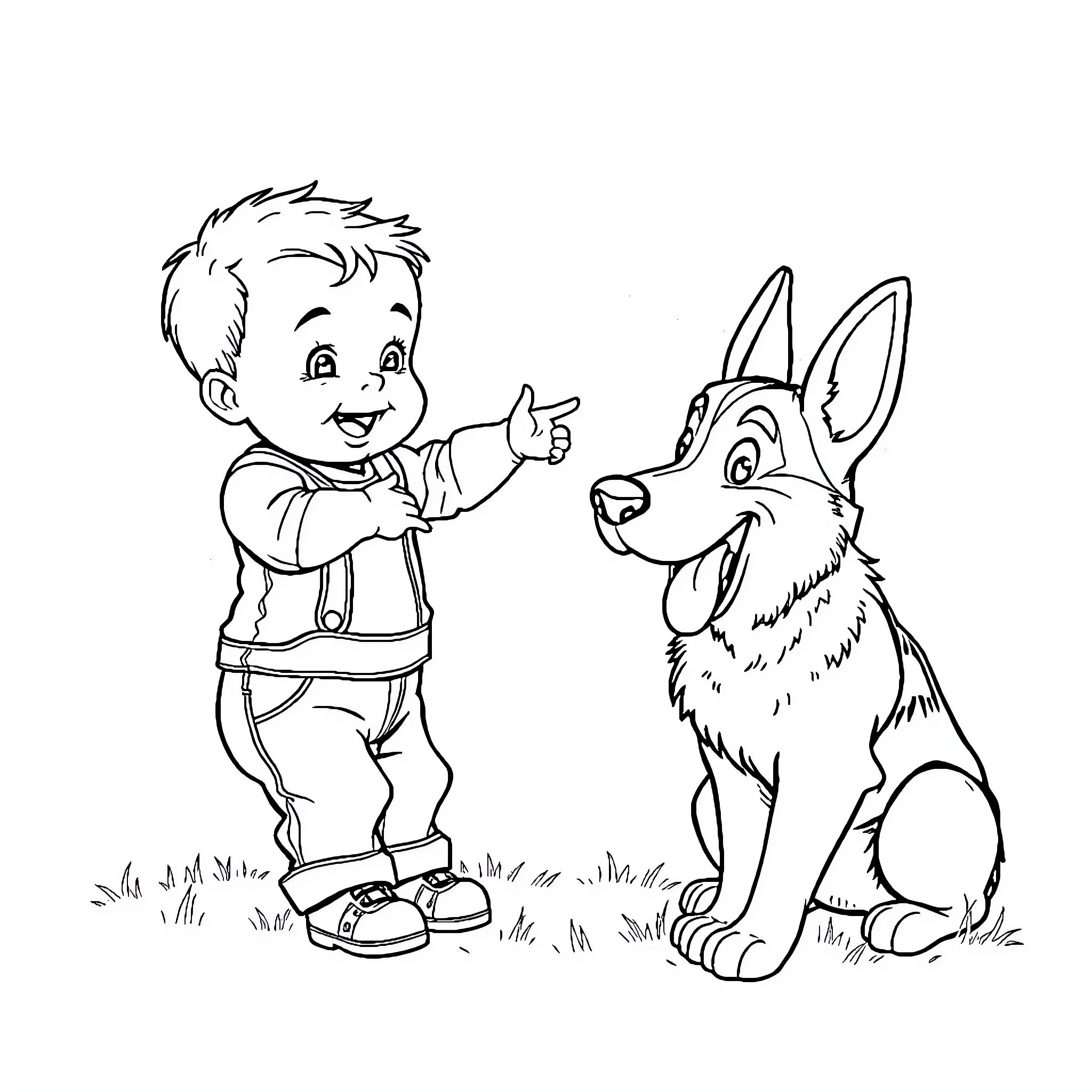 Baby Boy Playing Happily with Puppy Dog Coloring Page (free black-and-white line drawing printable PDF for all, from beginners to advanced learners, including children, teens, adults, and seniors)
