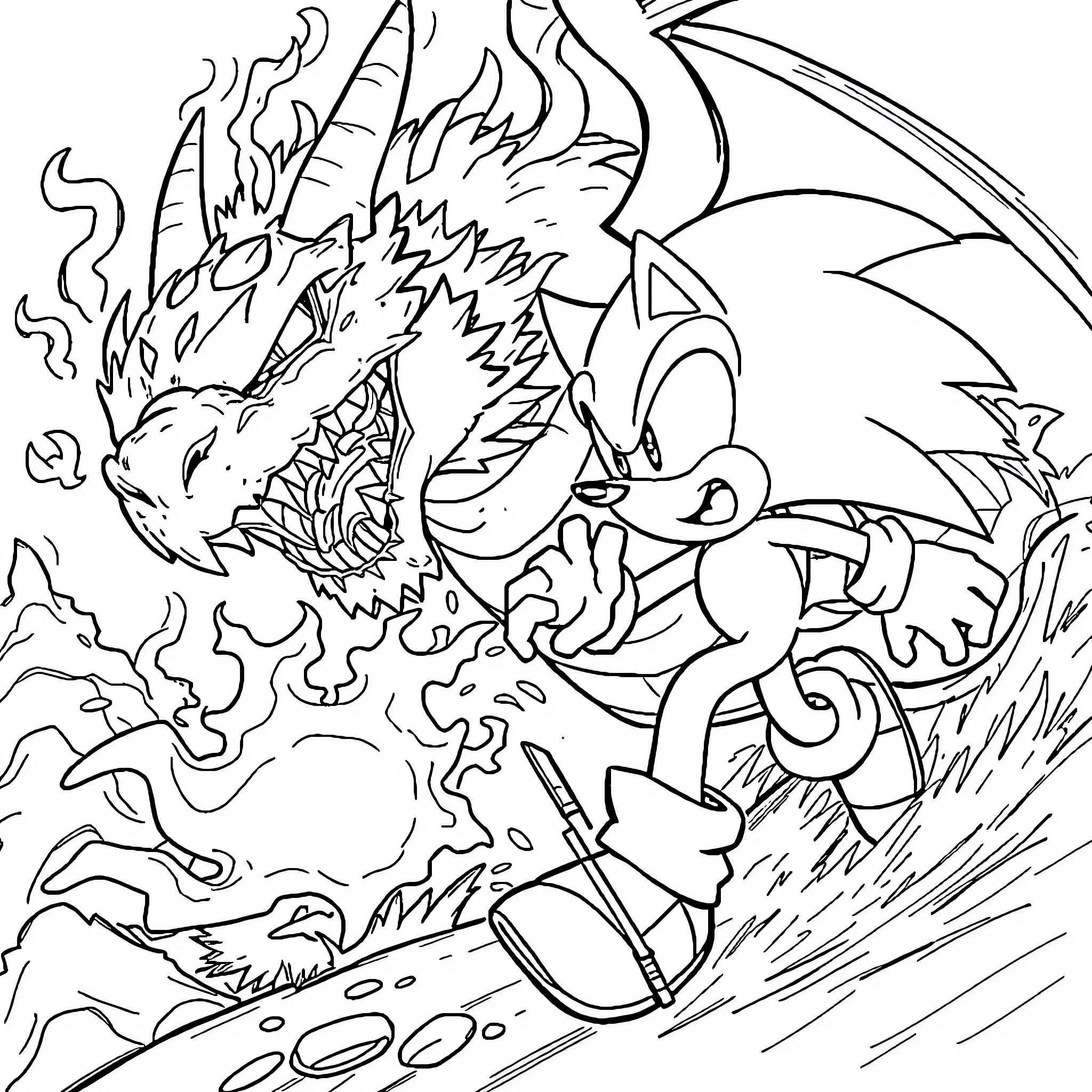 Dragon Unleashing Fiery Breath at Determined Warrior Coloring Page (free black-and-white line drawing printable PDF for all, from beginners to advanced learners, including children, teens, adults, and seniors)