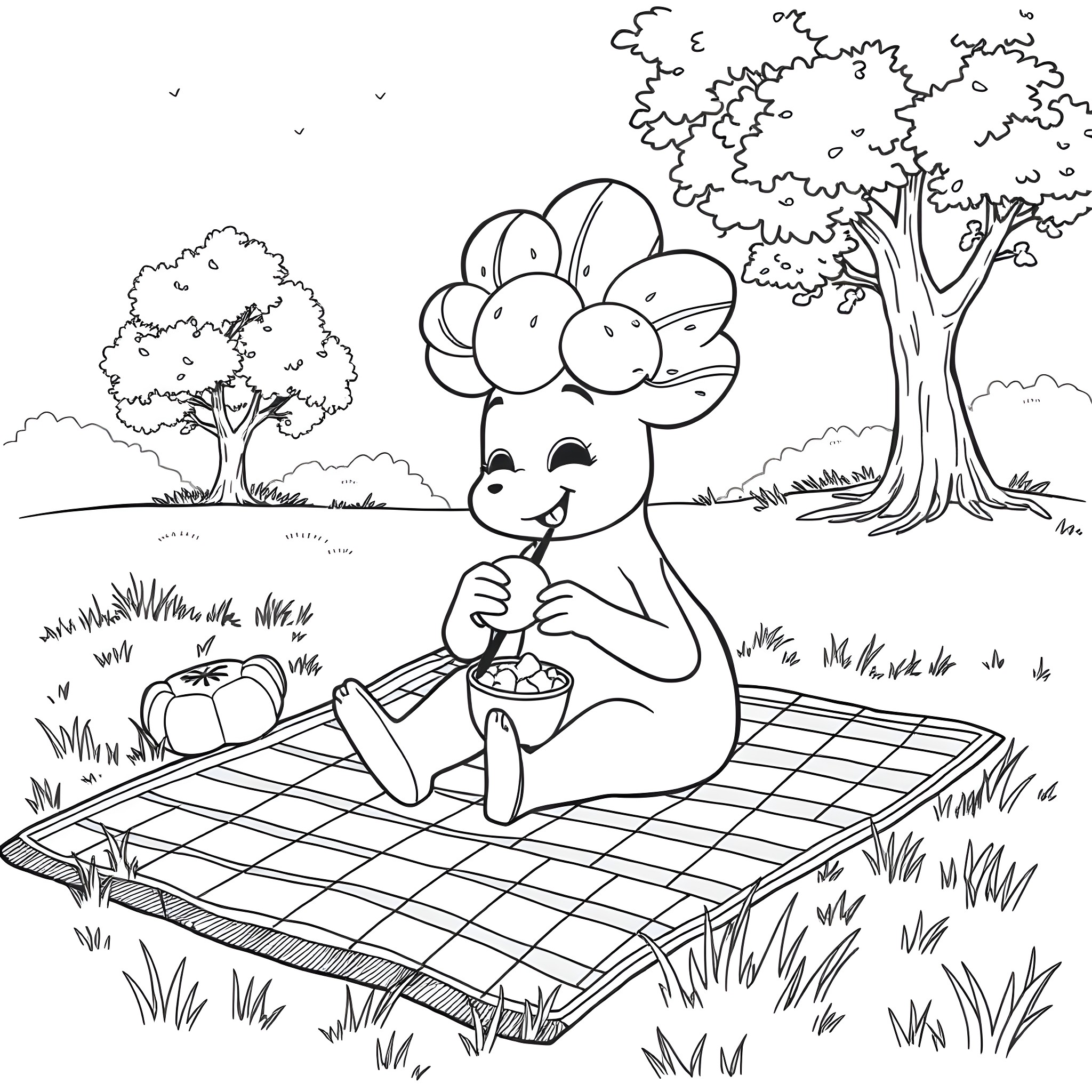 Treeco having a picnic in the park Coloring Page (free black-and-white line drawing printable PDF for all, from beginners to advanced learners, including children, teens, adults, and seniors)